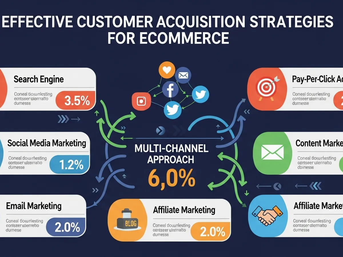 Infographic outlining effective customer acquisition strategies for ecommerce, showcasing a multi-channel approach with elements like search engine optimization, social media marketing, email marketing, and affiliate marketing.