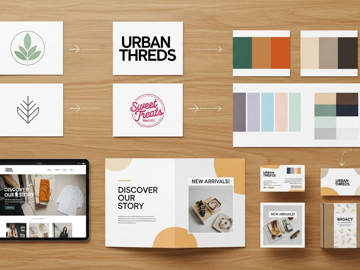 A collection of branding assets, including logos, color palettes, website designs, and marketing materials, demonstrating the importance of brand awareness in digital marketing for ecommerce businesses.