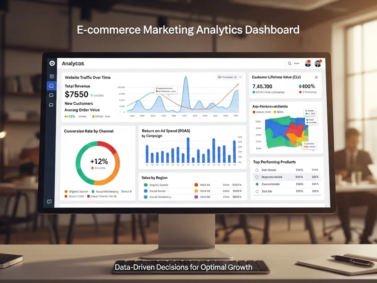 E-commerce marketing analytics dashboard displaying website traffic, revenue, customer lifetime value, conversion rates, and sales data, enabling data-driven decisions for optimal growth in online sales.