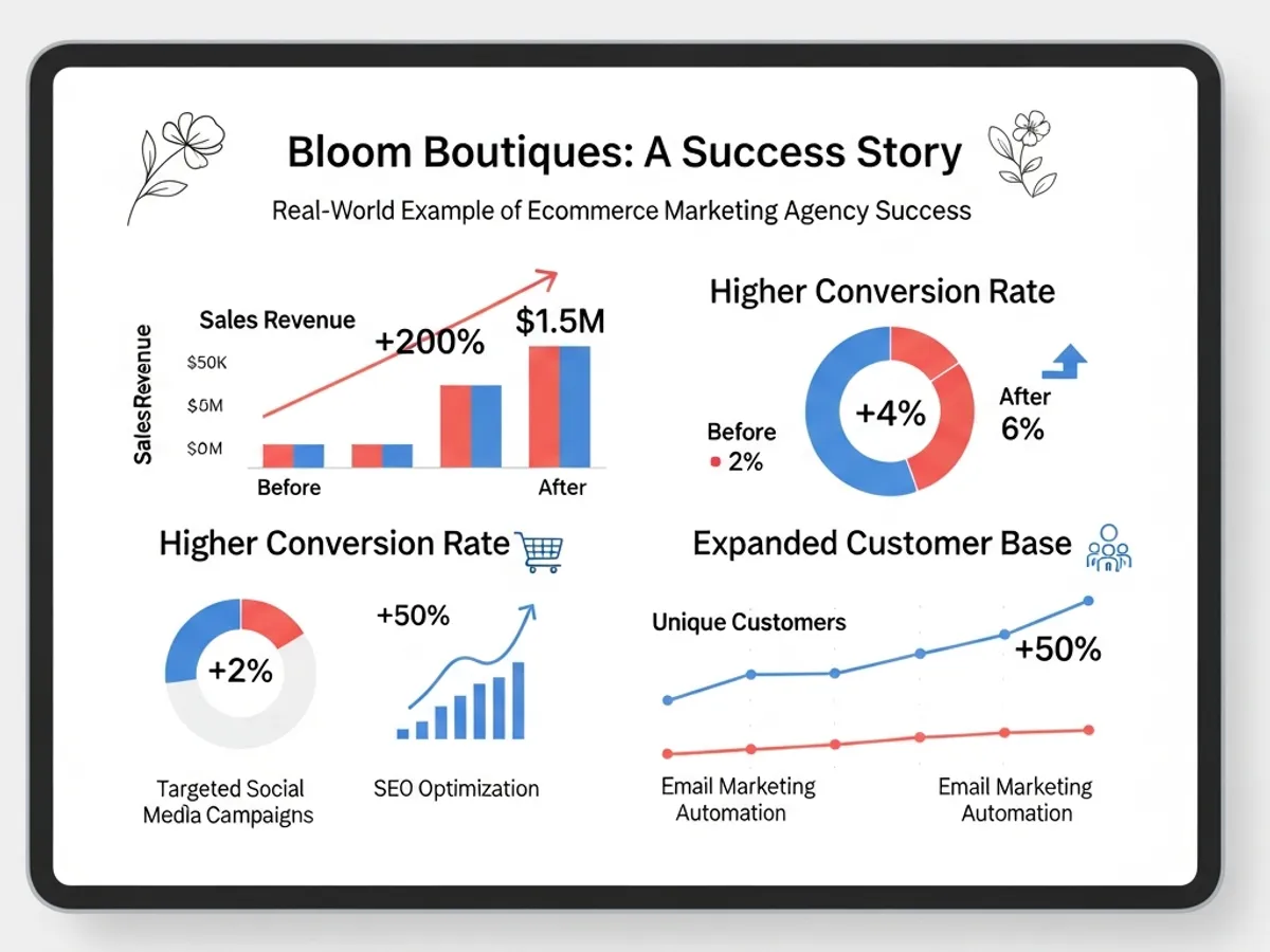 Bloom Boutiques success story showcasing the impact of an ecommerce marketing agency on sales revenue, conversion rates, and customer base through strategies like targeted social media campaigns, SEO optimization, and email marketing automation.