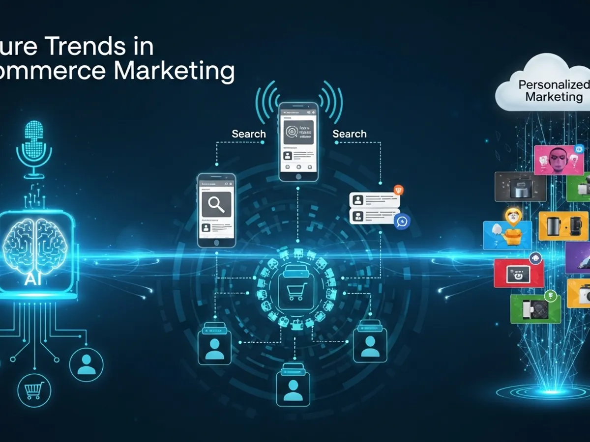 Illustration depicting future trends in ecommerce marketing, including AI, personalized marketing, and mobile search optimization, reflecting the evolving landscape of digital marketing for online sales.
