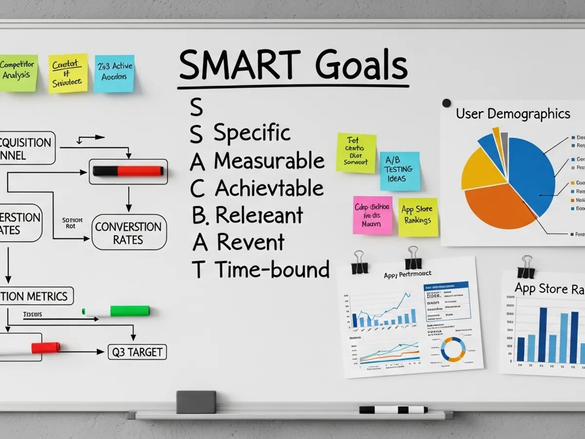 Whiteboard displaying 'SMART Goals'—Specific, Measurable, Achievable, Relevant, Time-bound—alongside app store ranking data, user demographics, and acquisition funnel metrics relevant to app marketing strategies.