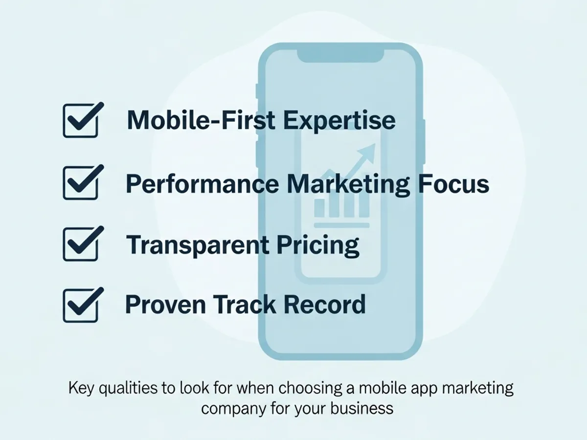 Illustration showcasing key qualities to look for in a mobile app marketing company: Mobile-First Expertise, Performance Marketing Focus, Transparent Pricing, and Proven Track Record.