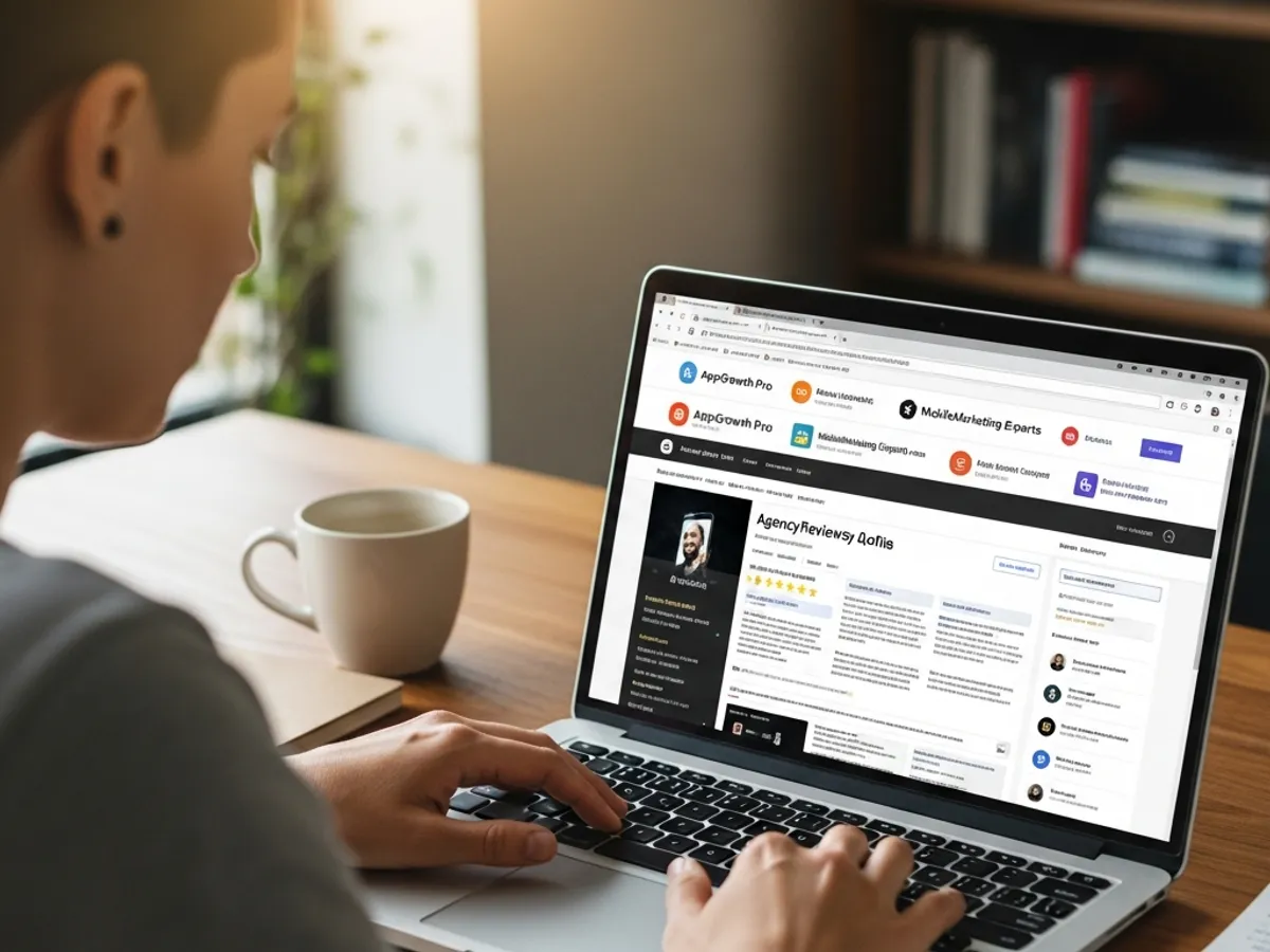 A person using a laptop to browse an app marketing agency review, highlighting the importance of choosing the best app marketing agency for effective mobile app marketing services.