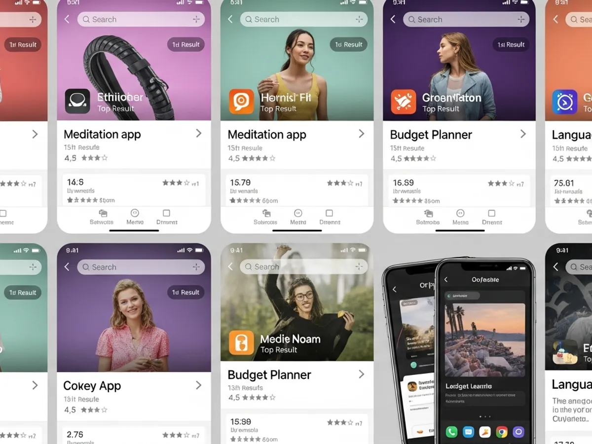 Screenshots of various mobile apps as they appear in an app store search, demonstrating app store optimization (ASO) strategies for app marketing.