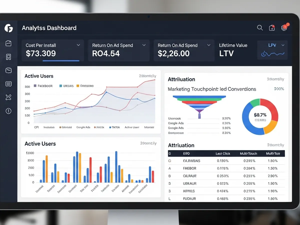 Screenshot of an analytics dashboard showing cost per install, return on ad spend, lifetime value, and user attribution, illustrating the data-driven approach of a mobile app marketing agency.