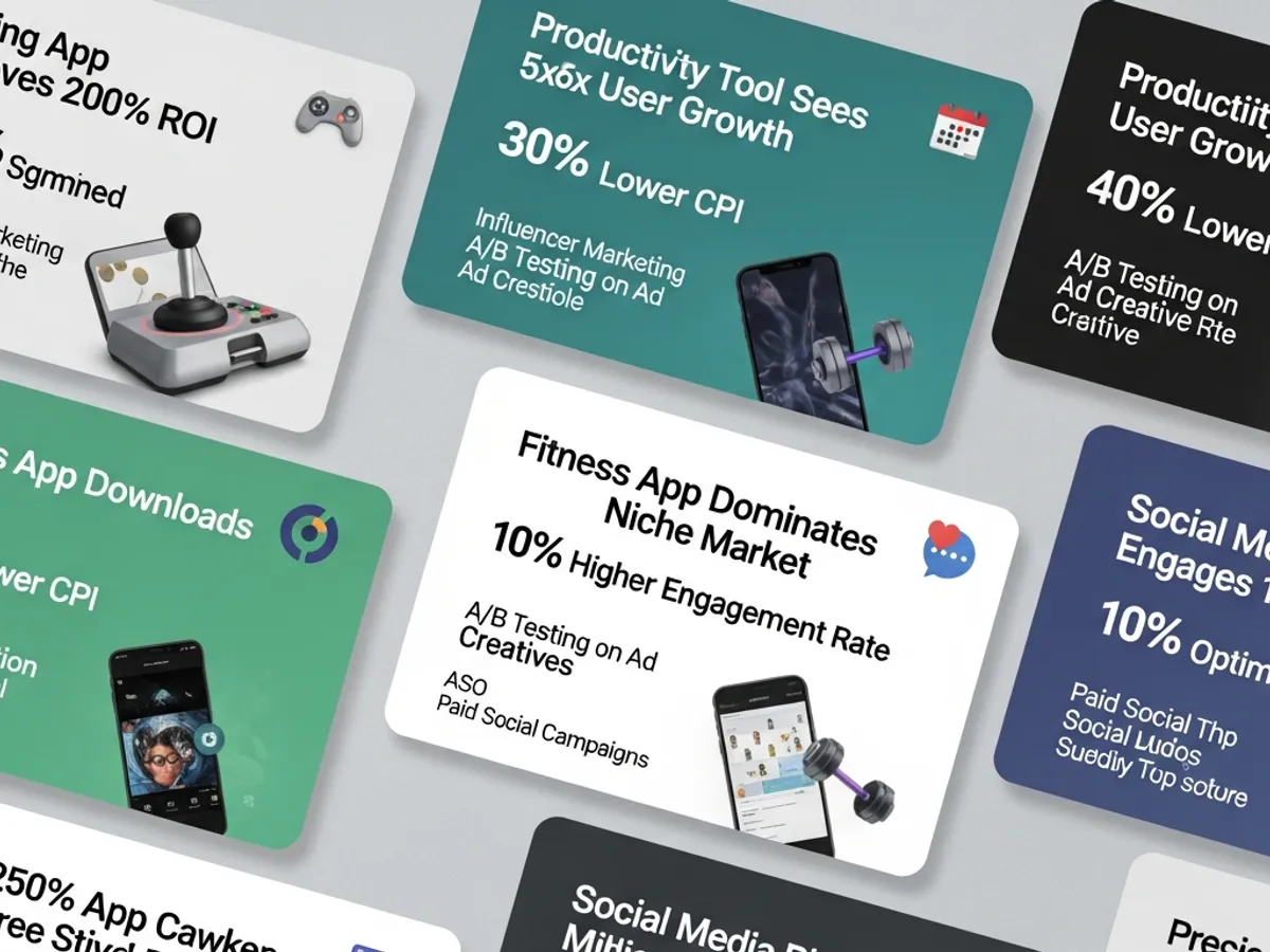 A collection of cards showcasing mobile app marketing successes, including productivity tool user growth, fitness app market dominance, and social media engagement improvements.