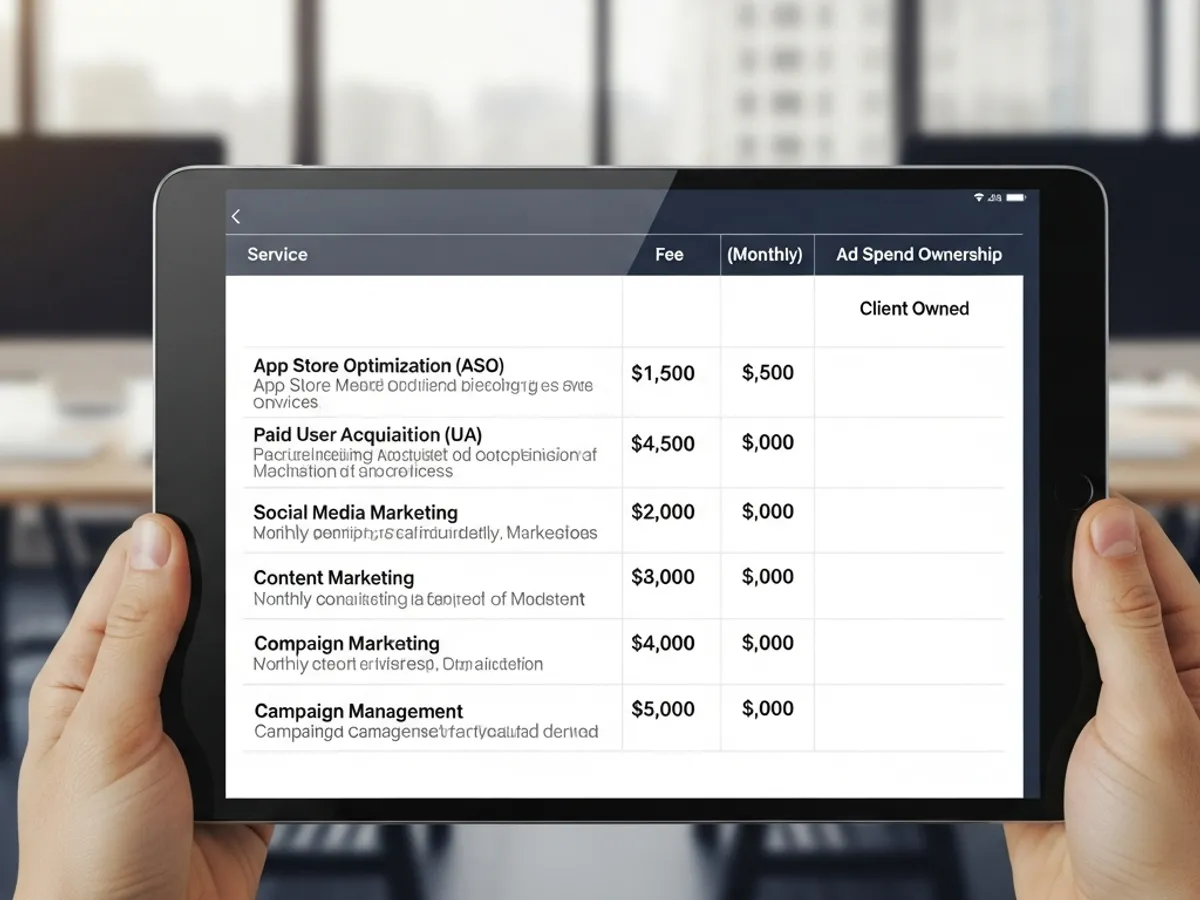 Close-up of a tablet displaying a price list for mobile app marketing services including App Store Optimization (ASO), Paid User Acquisition, Social Media Marketing, Content Marketing, Campaign Marketing and Campaign Management.