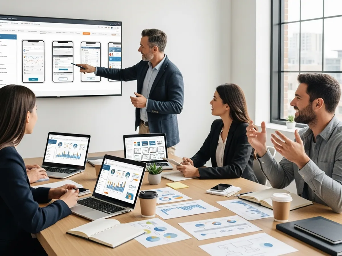 Team meeting in a modern office where colleagues are discussing app data on laptops and presenting mobile app strategies on a large screen, reflecting the collaborative environment of a top app marketing agency.