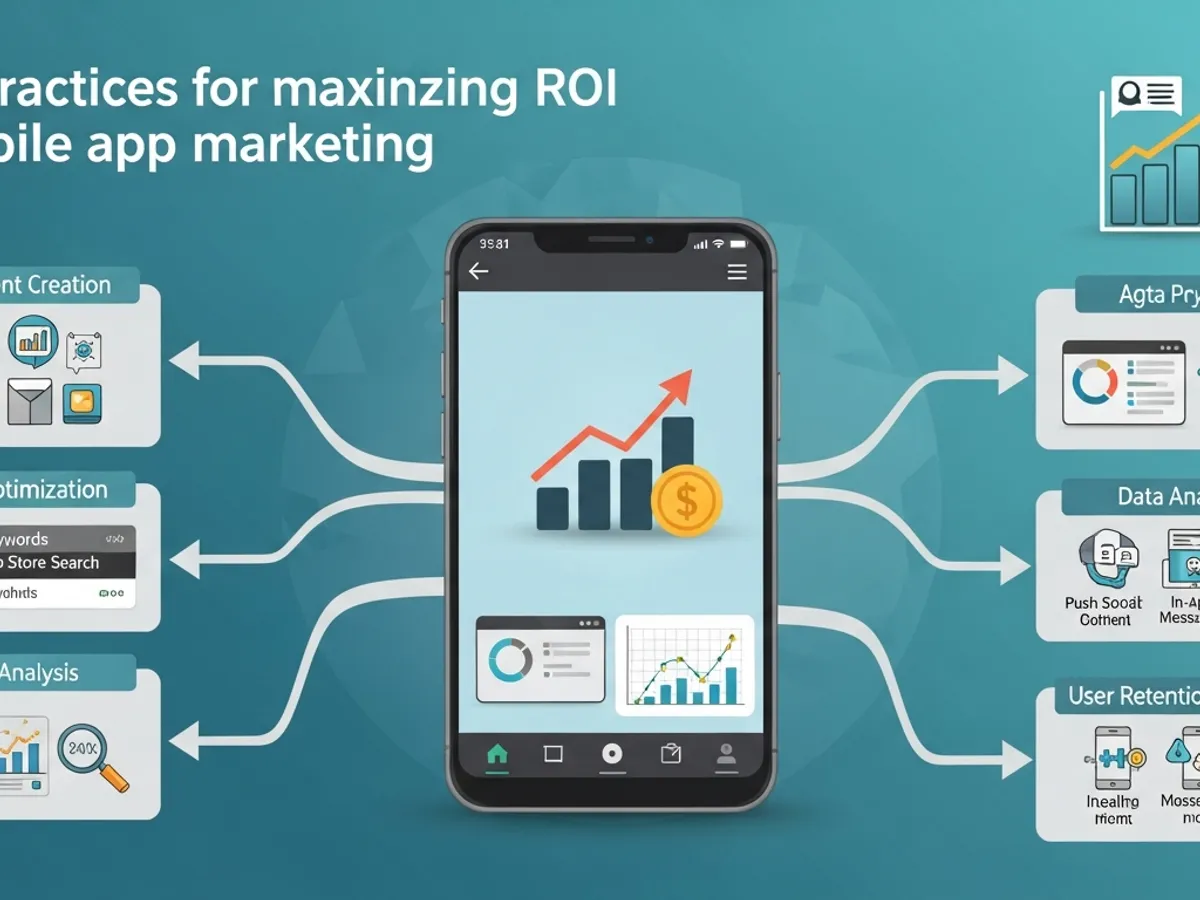 Illustration of best practices for maximizing ROI in mobile app marketing, including content creation, app store optimization, data analysis, and user retention strategies.
