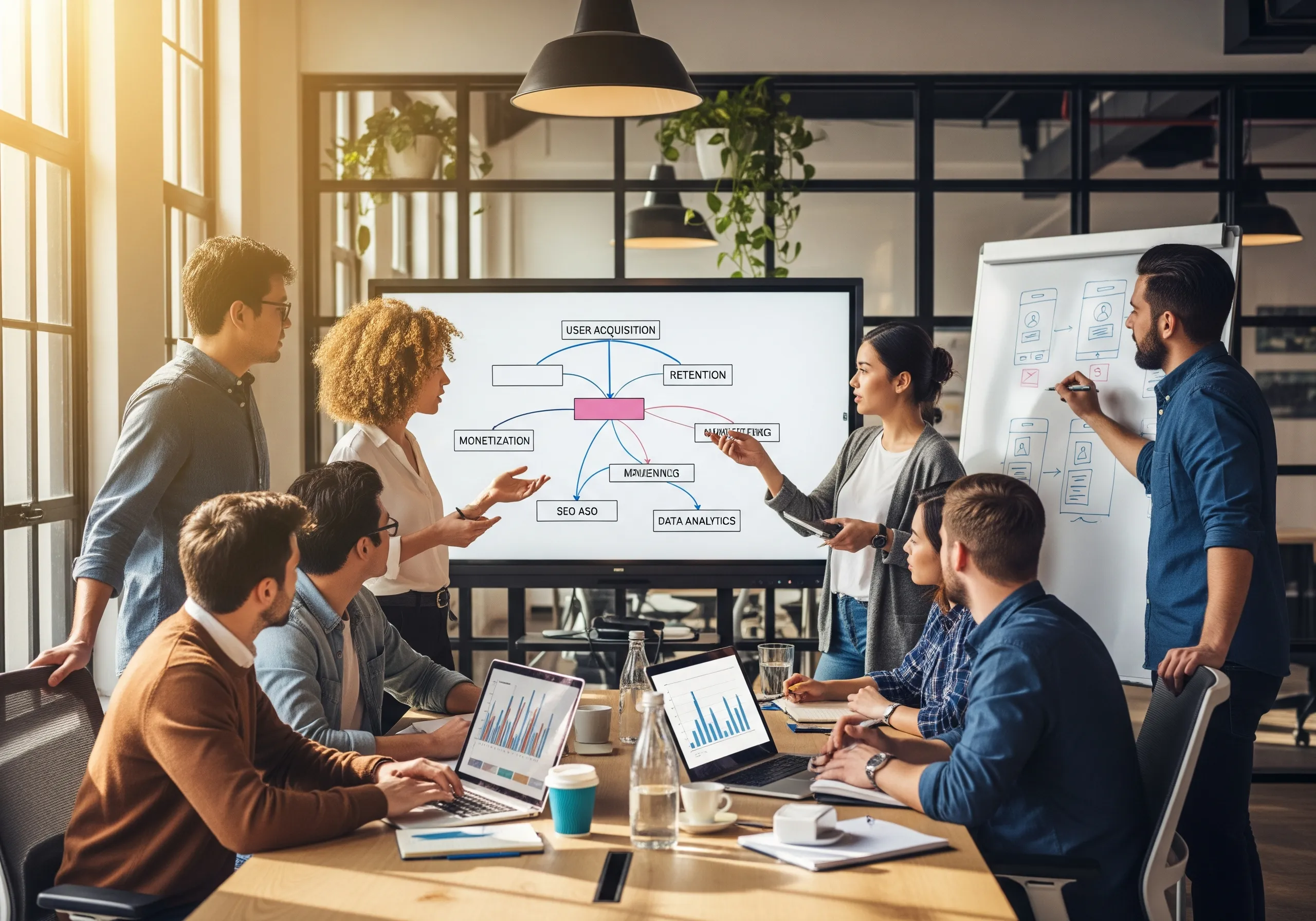 Team meeting at an app marketing firm, discussing user acquisition, monetization, and data analytics strategies to optimize app marketing services.