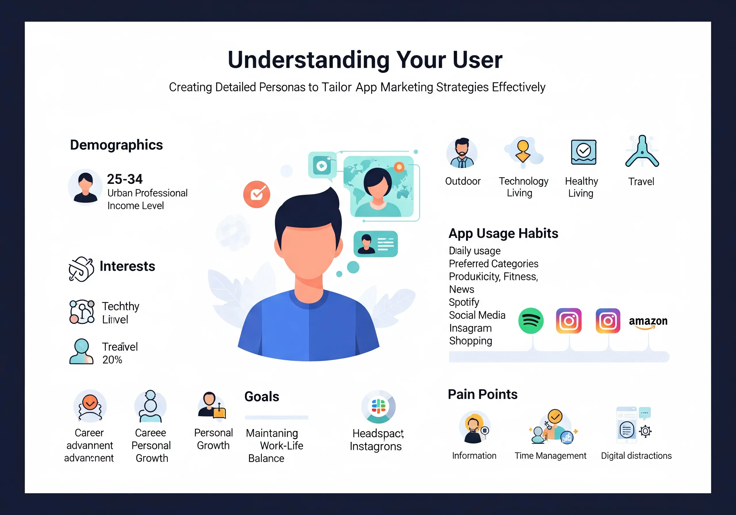 Infographic illustrating user persona details, including demographics, interests, goals, and pain points, for creating detailed personas to tailor app marketing strategies effectively.