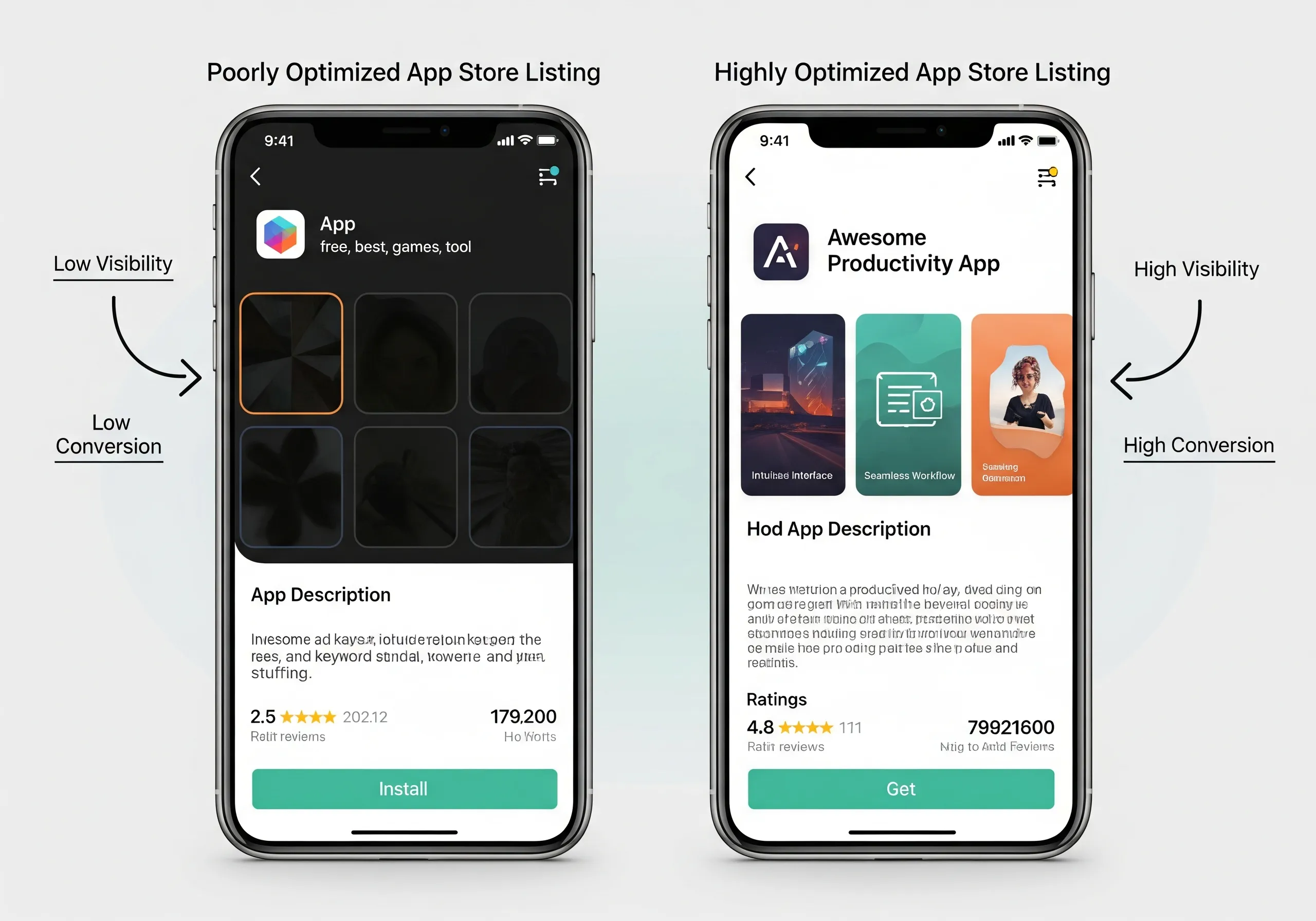 Comparison of poorly optimized versus highly optimized app store listings, showcasing the impact of app store optimization by a mobile app marketing agency on visibility and conversion rates.