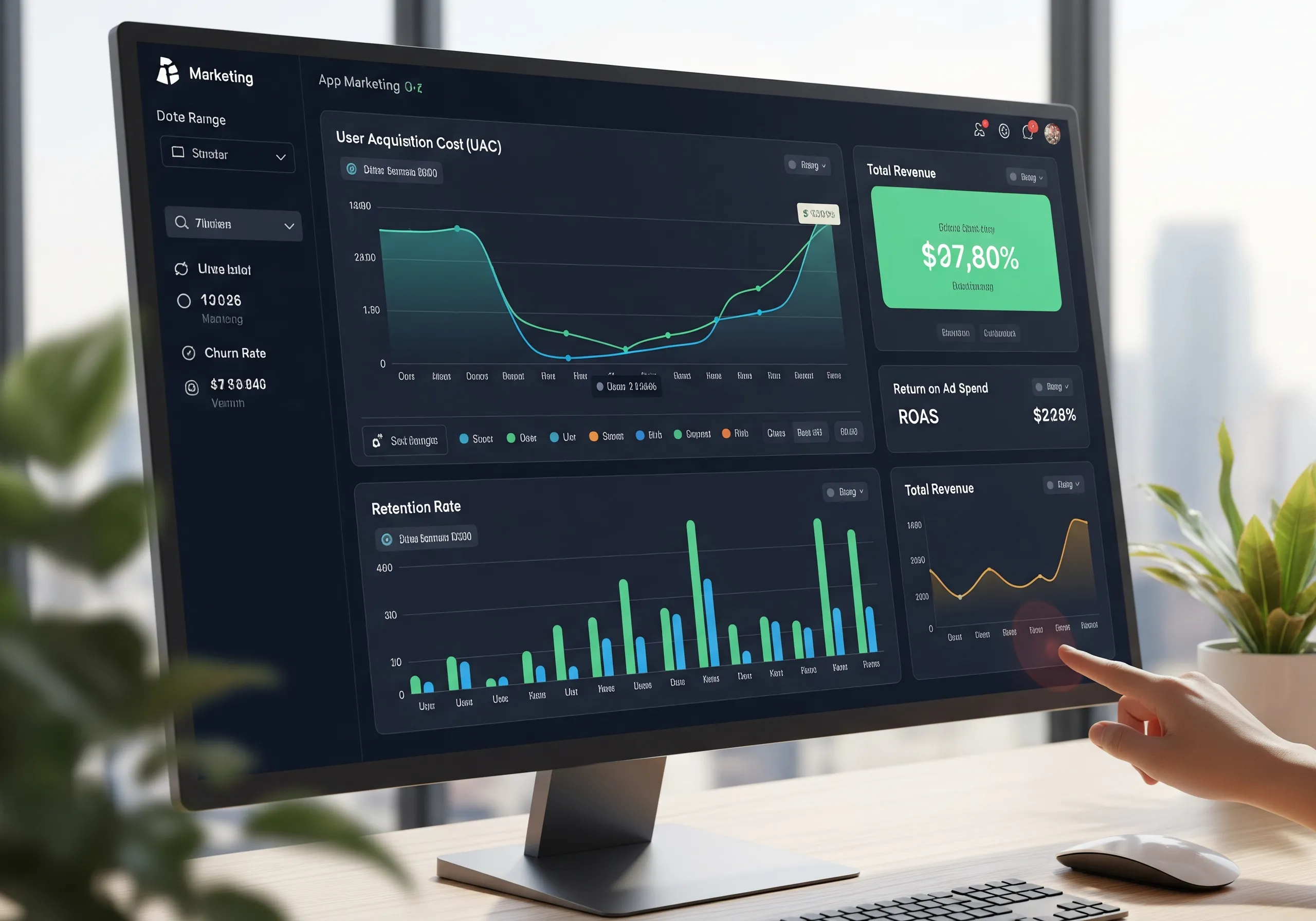 Screenshot of a marketing dashboard displaying key metrics like user acquisition cost, total revenue, and return on ad spend, used by an app marketing agency for performance analysis.