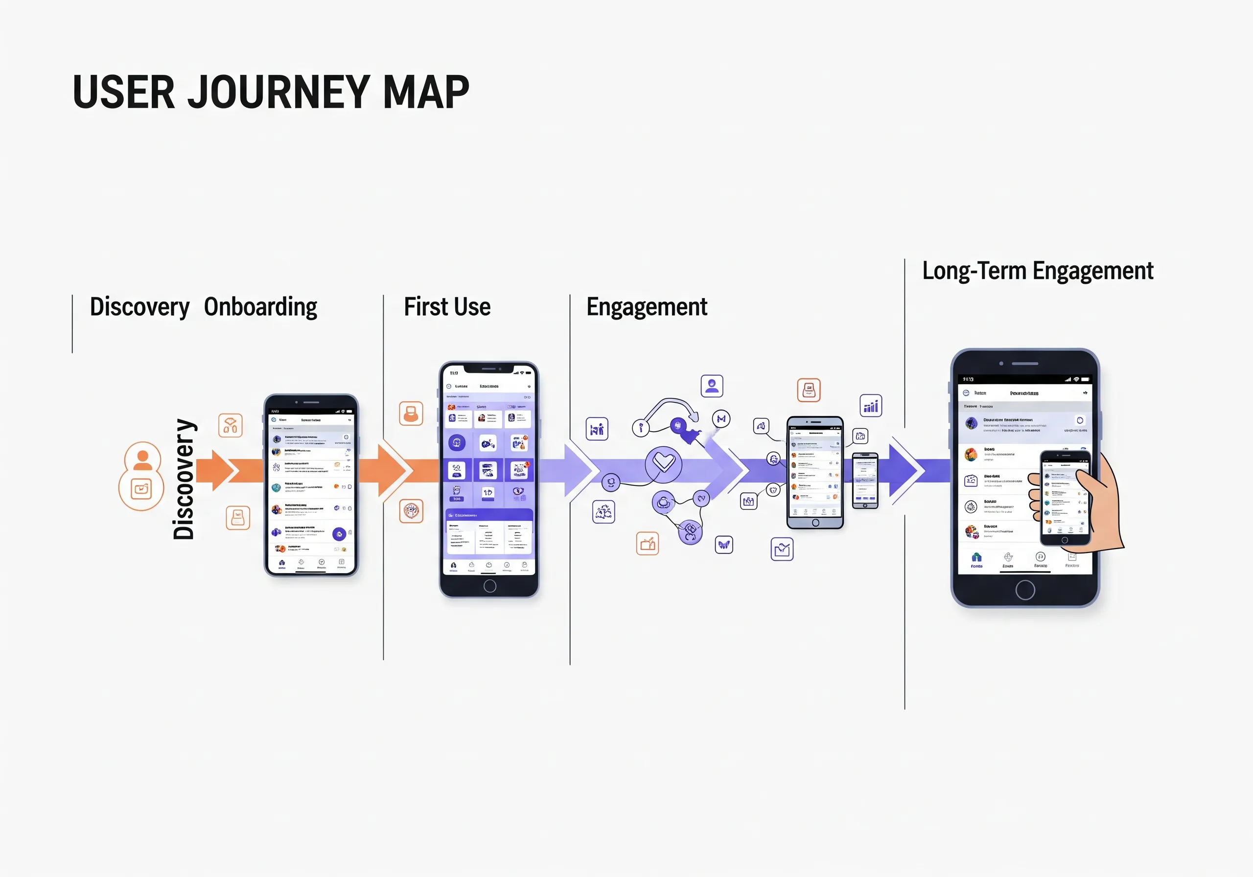 User journey map illustrating the stages of app engagement, from discovery to long-term use, showing the user experience strategies optimized by an app growth agency.
