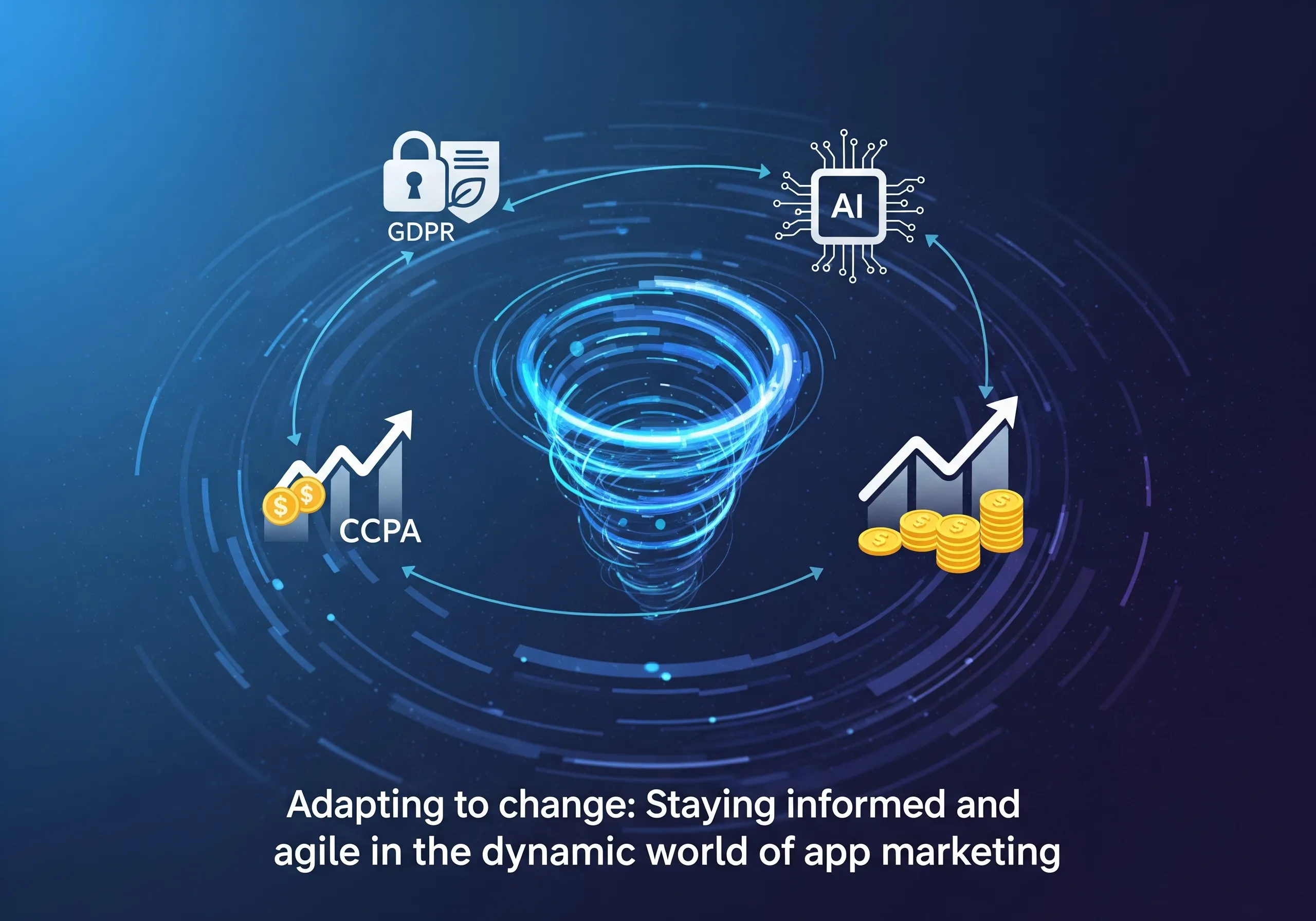 Abstract illustration representing the importance of adapting to change and staying informed in app marketing, including GDPR, CCPA, and AI, in the dynamic world of mobile app marketing.