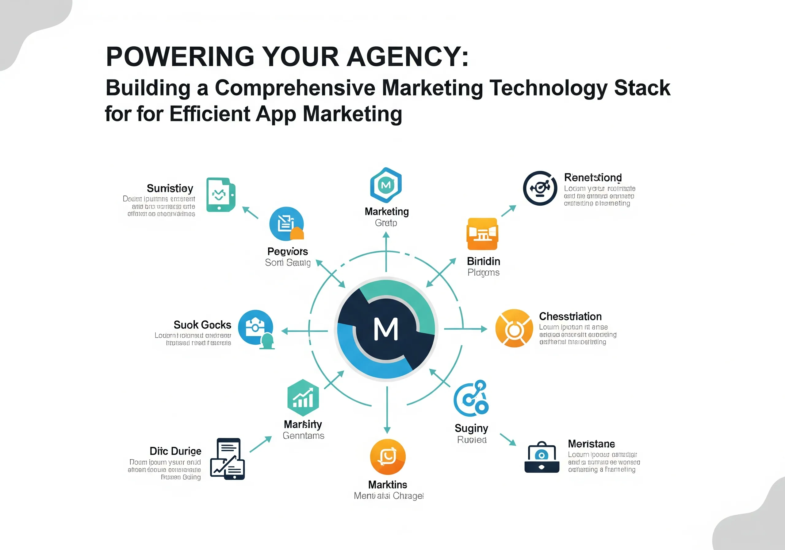 Diagram illustrating components of a marketing technology stack for efficient app marketing, used by an app marketing agency to power its services.