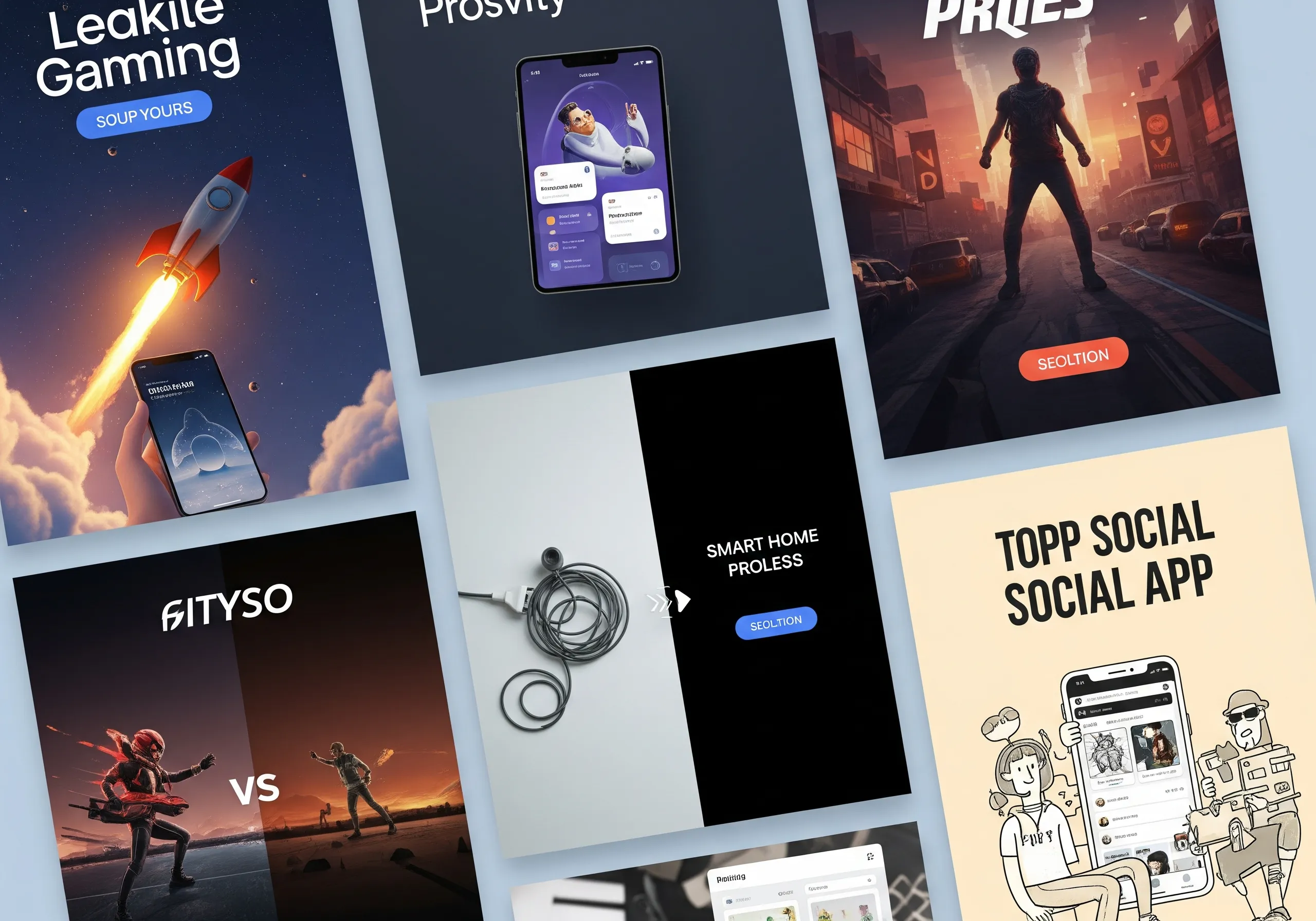 Collage of various app promotional creatives, showcasing the design capabilities of a mobile app marketing agency in creating engaging content.