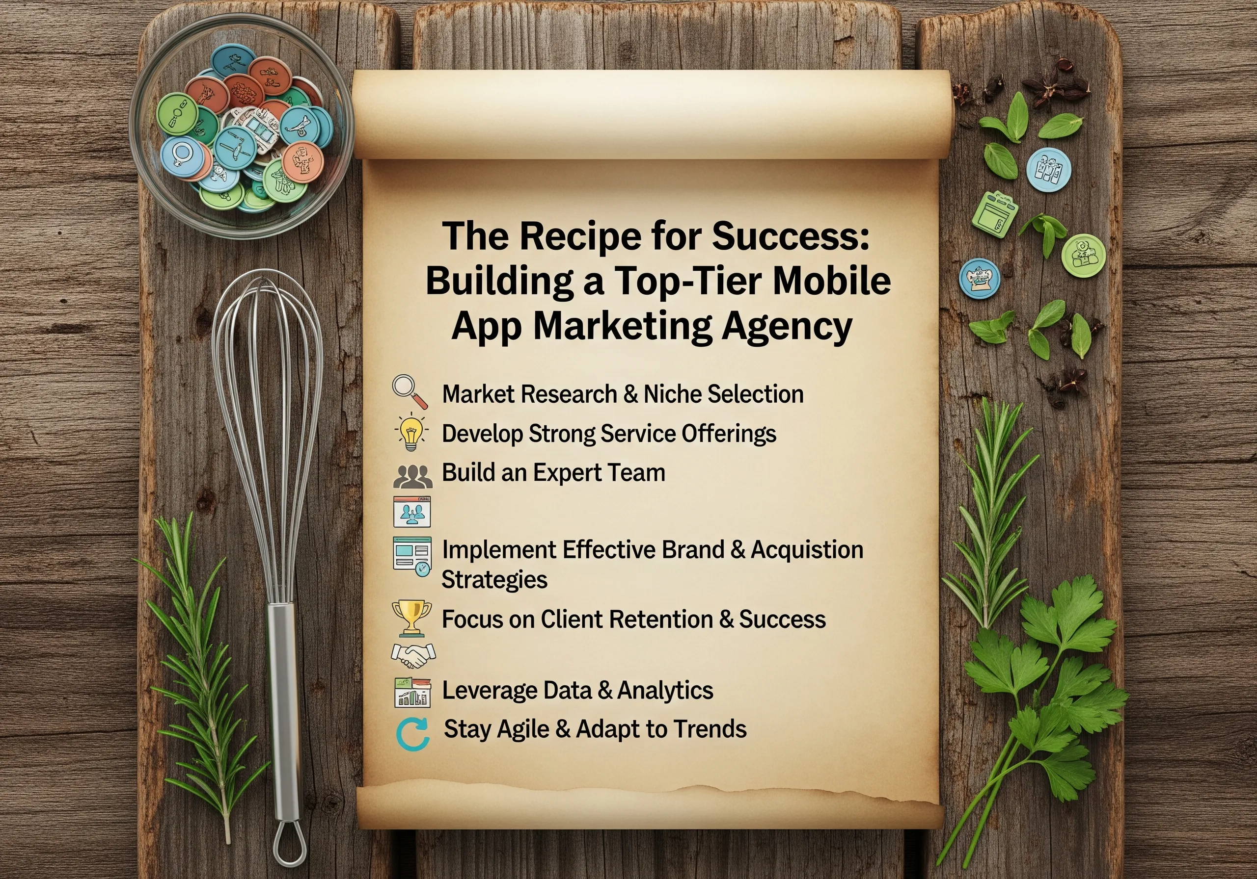Recipe for success in building a top-tier mobile app marketing agency, including market research, strong service offerings, expert team, and data-driven strategies.