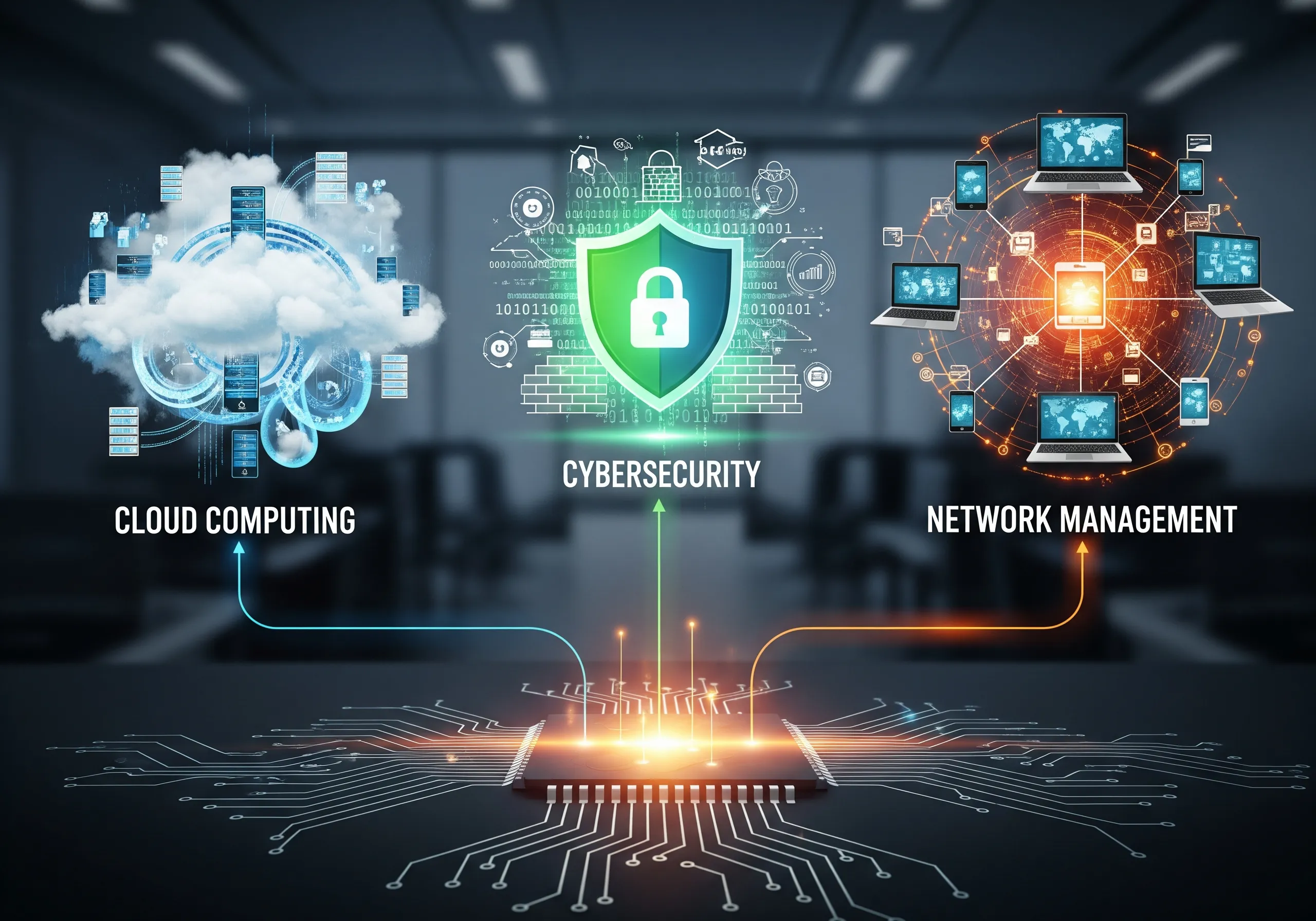 Conceptual image illustrating cloud computing, cybersecurity, and network management converging to represent comprehensive IT solutions for business, emphasizing the importance of managed IT services.