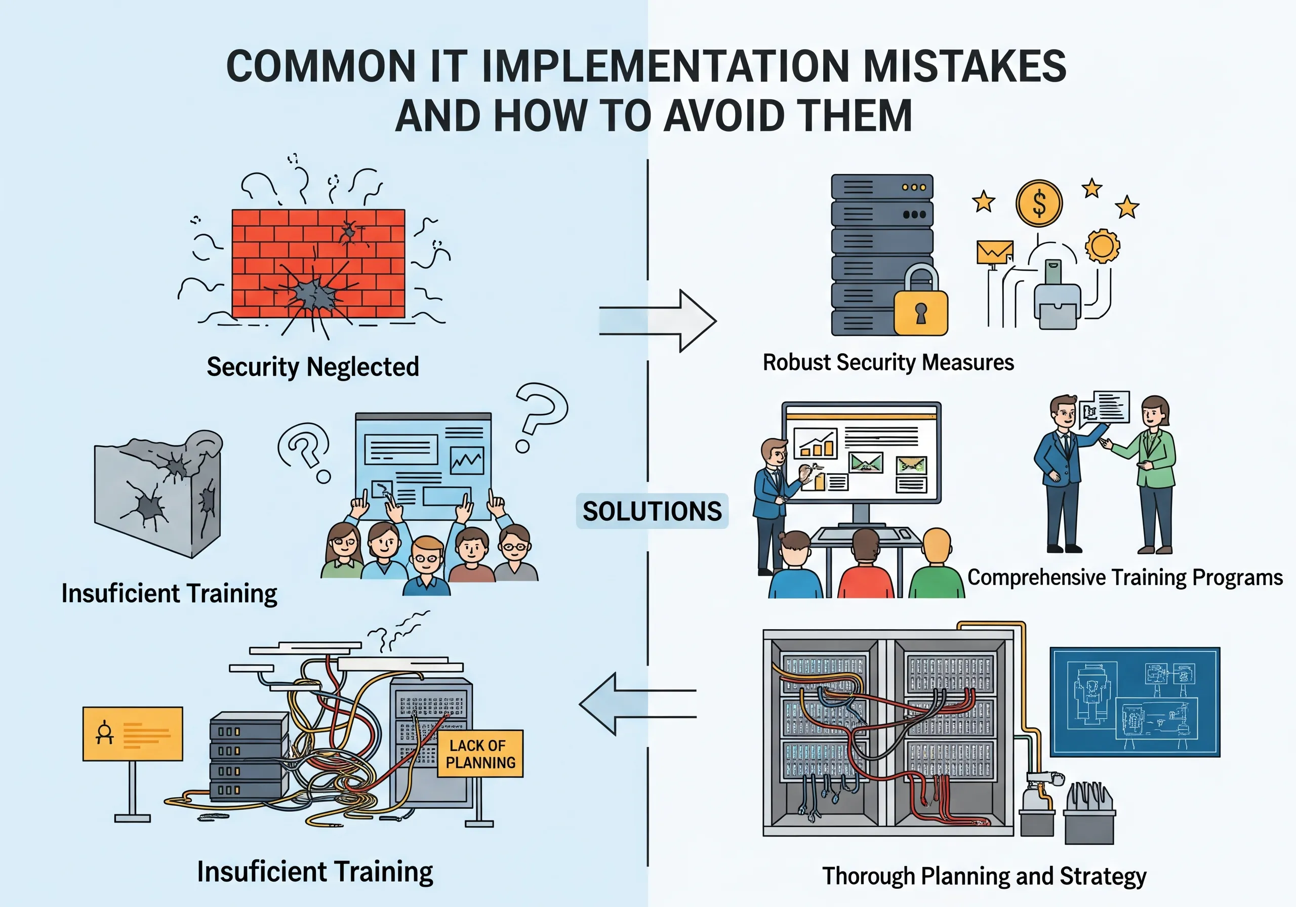 Illustration depicting common IT implementation mistakes and solutions, emphasizing the need for robust security measures, comprehensive training programs, and thorough planning for effective IT infrastructure.