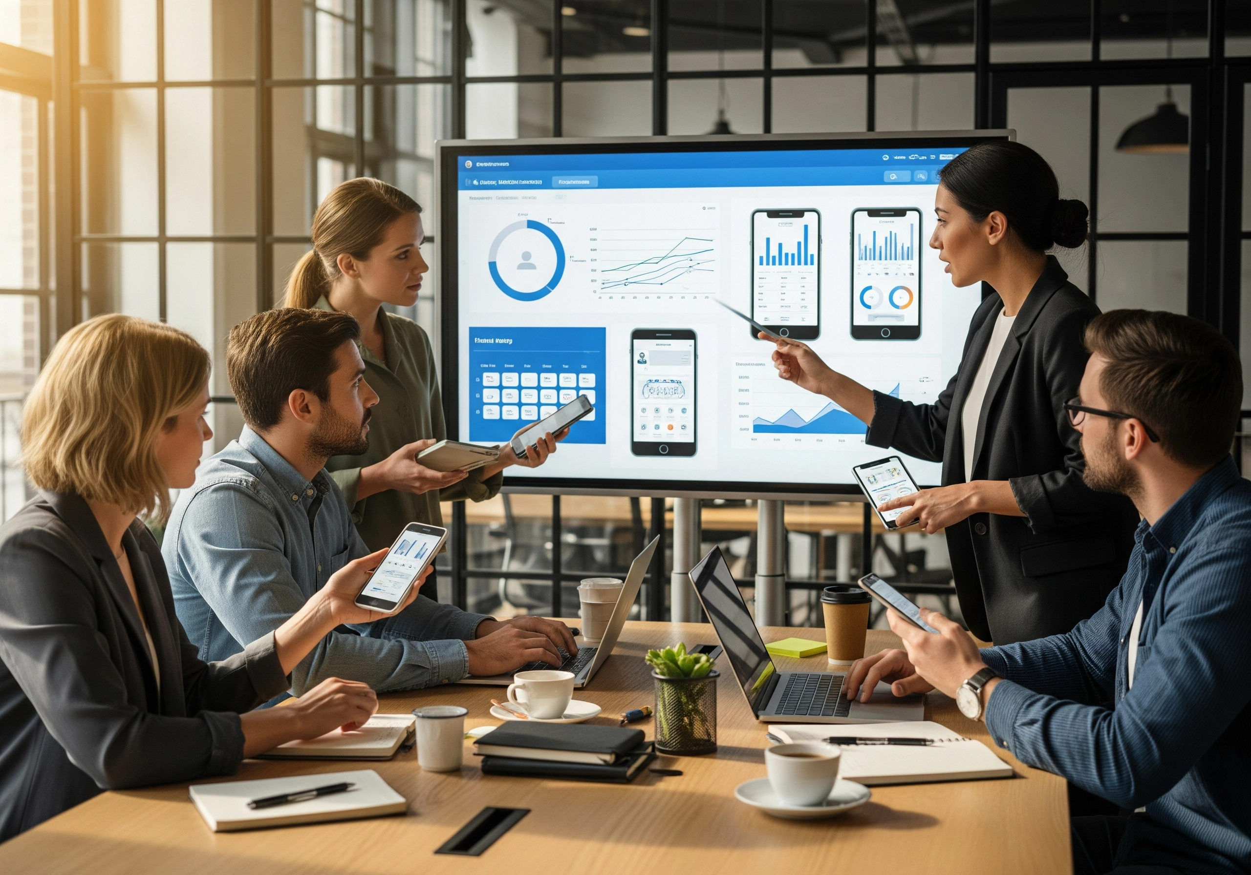 A team of professionals in a meeting, discussing app marketing strategies, growth charts, and data analysis on screens and devices to optimize app promotion and advertising campaigns.