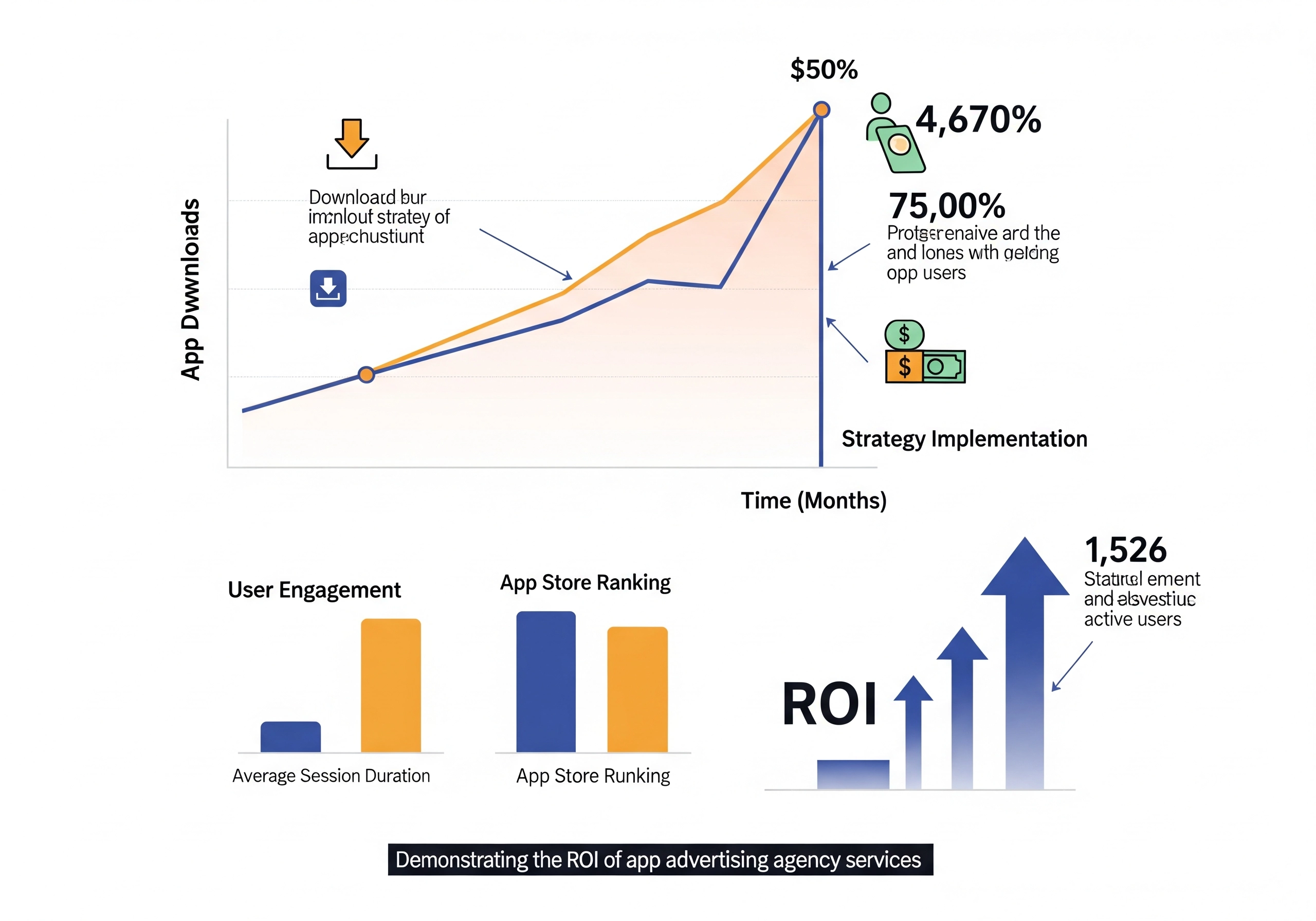 A graph demonstrating the ROI of app advertising agency services, displaying app downloads, user engagement, app store ranking, and strategy implementation over time.