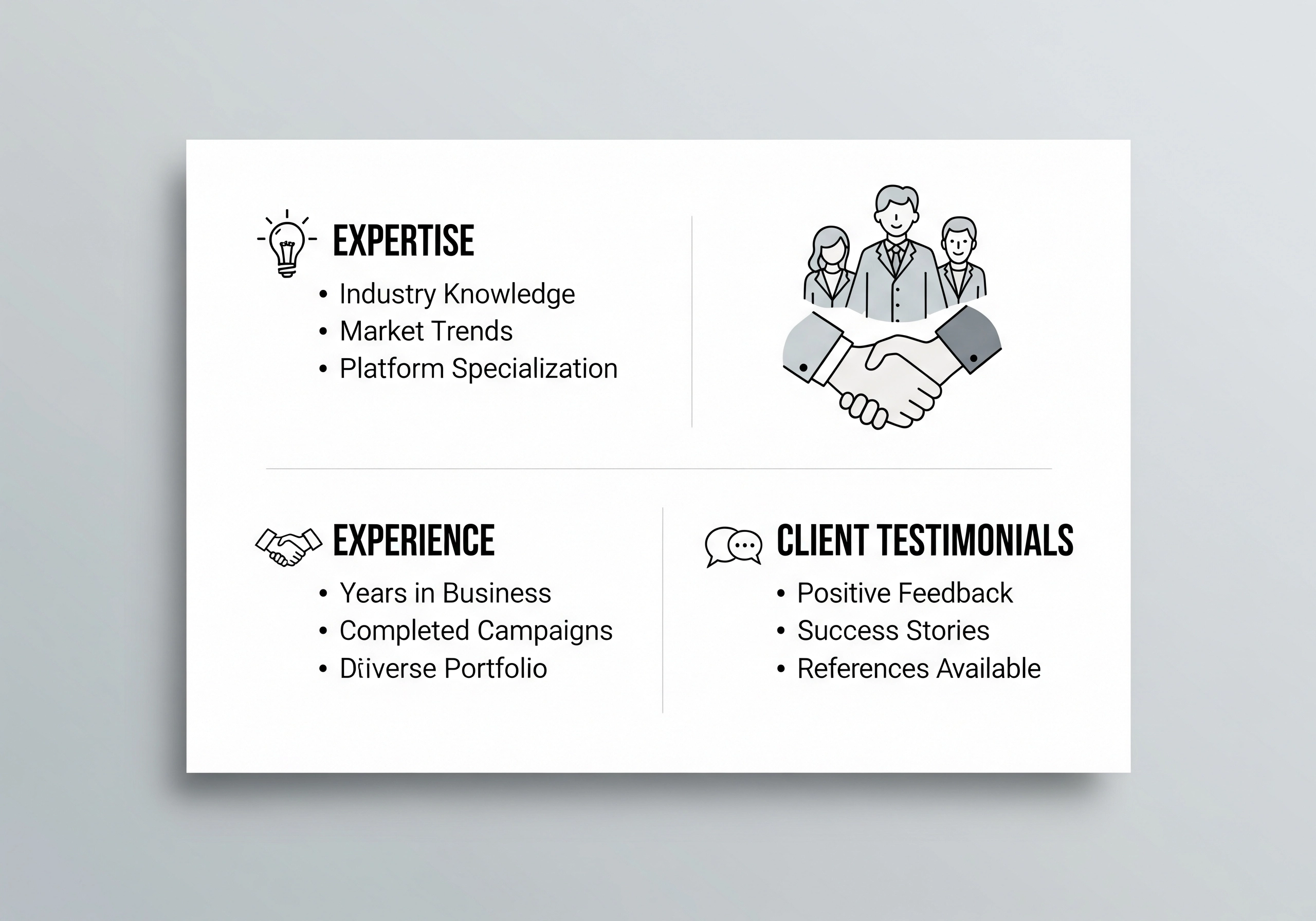Information card highlighting app marketing agency's expertise, experience, and client testimonials, showcasing industry knowledge, successful campaigns, and positive feedback.