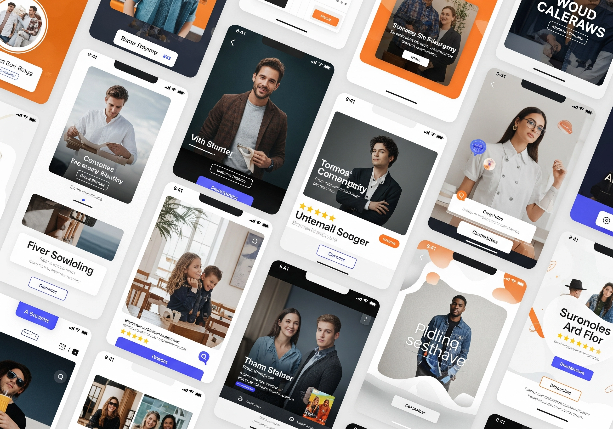 A collage of mobile phone screens showcasing various app interfaces and user profiles, representing app design and user experience within the mobile app marketing context.