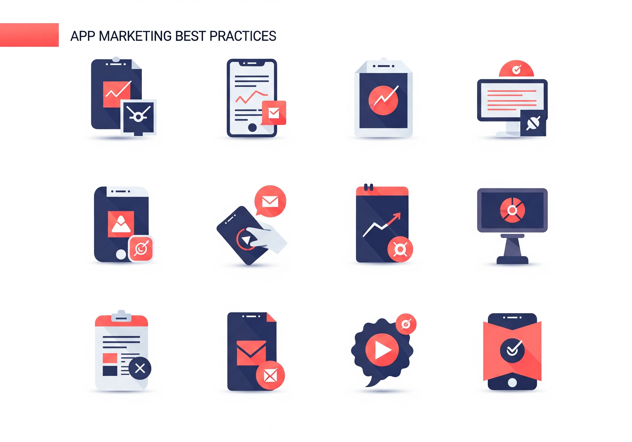 An infographic showcasing various icons related to app marketing best practices, including app analytics, campaign management, and optimization strategies for mobile app promotion.