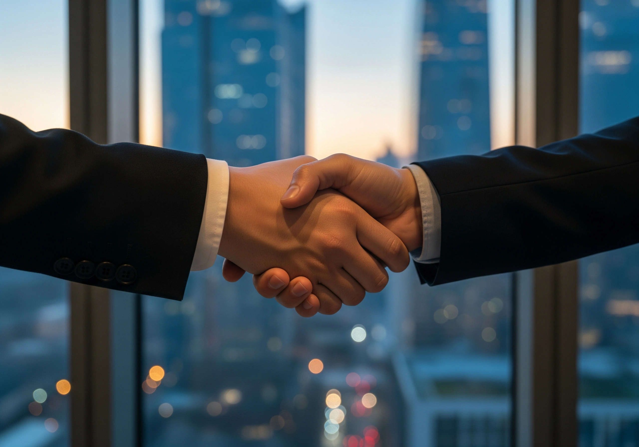 A handshake symbolizes a partnership with an app marketing agency, with a cityscape in the background, representing a commitment to app growth and success.