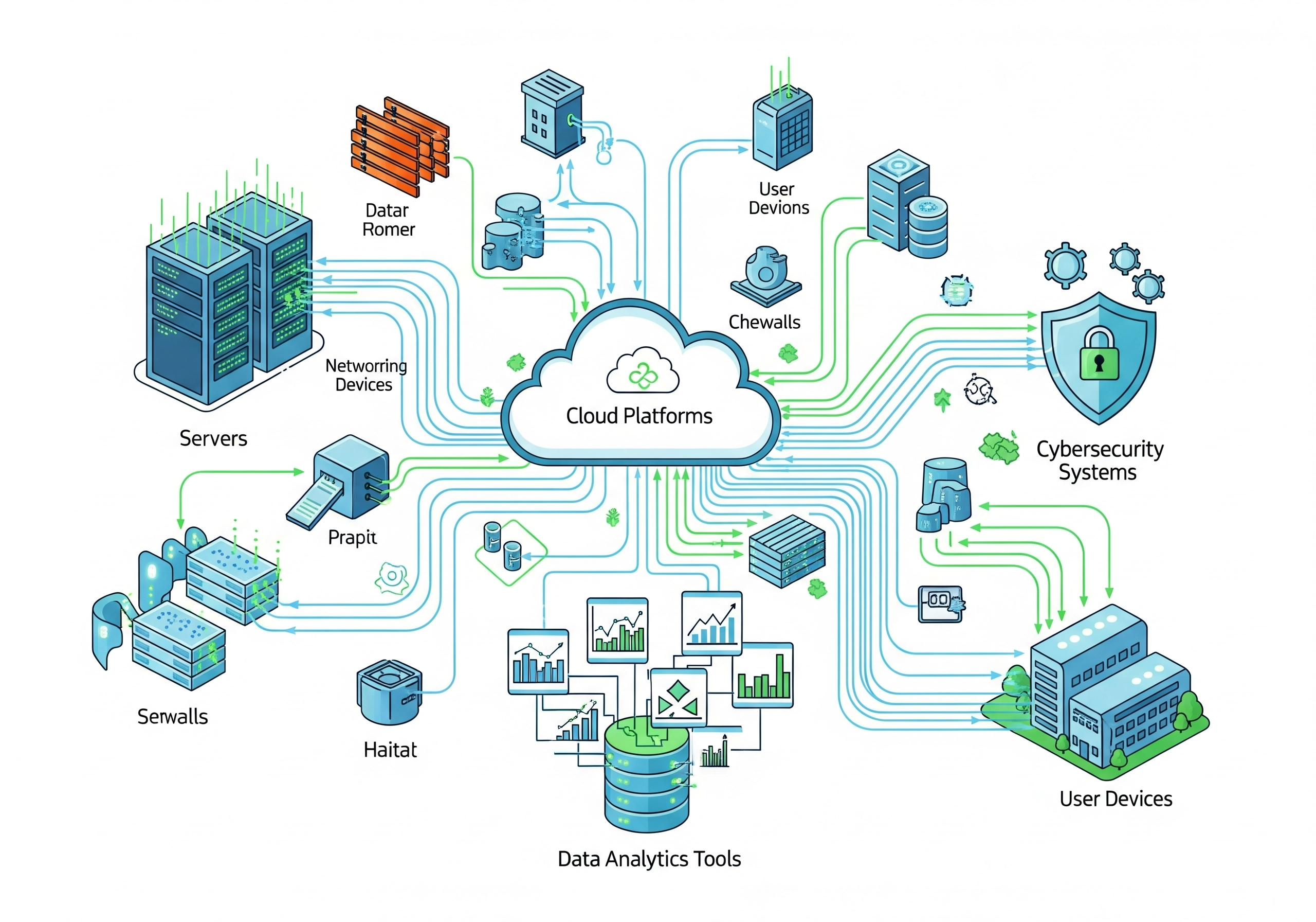 Illustration depicting the flow of data between various IT infrastructure components, including servers, networking devices, user devices, cybersecurity systems, and data analytics tools, all connected through cloud platforms, representing comprehensive IT service management and IT outsourcing.