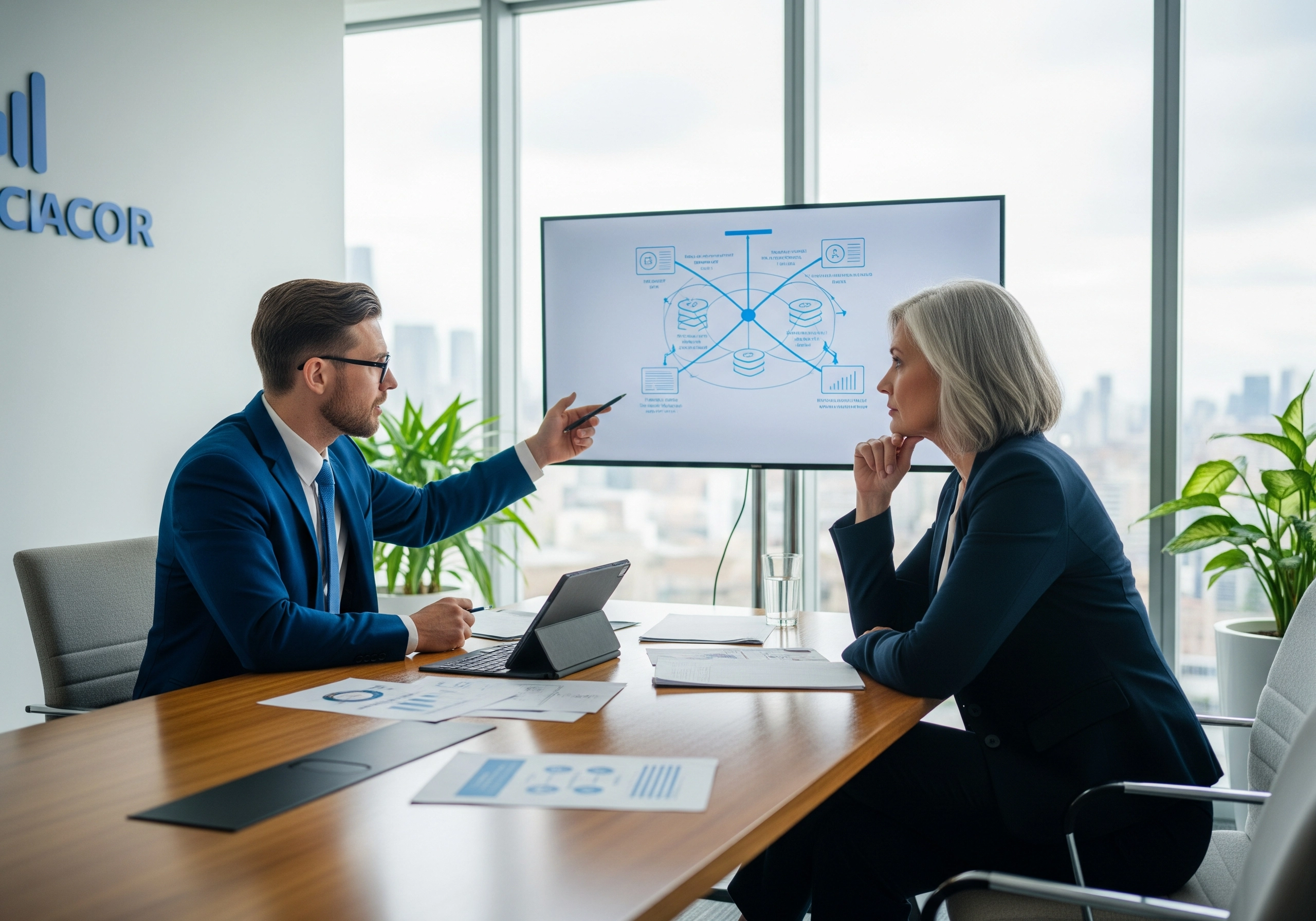 A consultant is providing IT consulting services, explaining a diagram on a display to a client in a meeting, discussing IT solutions and strategy within a modern office setting.