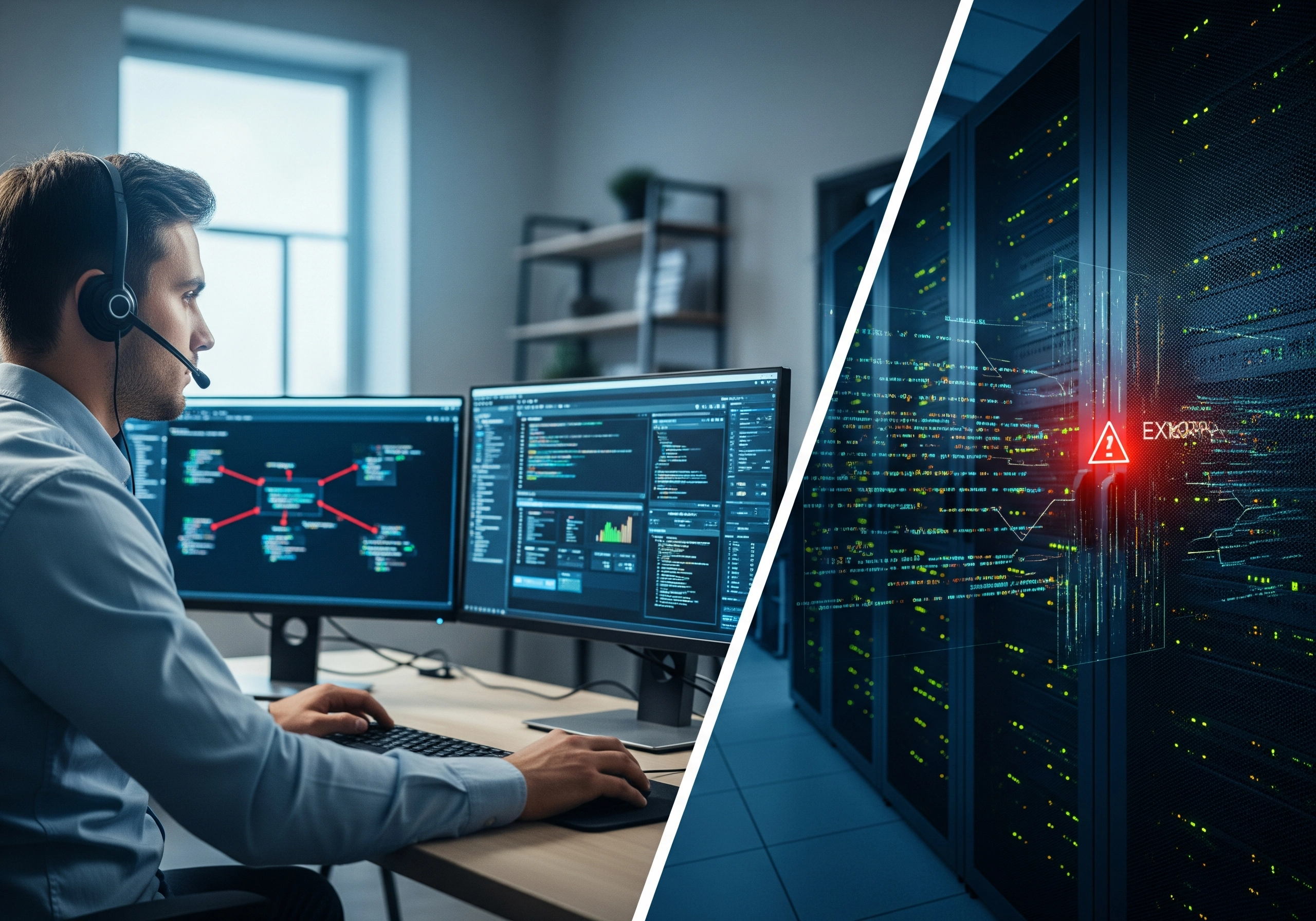 An IT support professional is monitoring IT infrastructure and responding to an EXCEPTION alert displayed on a server, showcasing remote IT support and helpdesk operations to resolve critical issues.