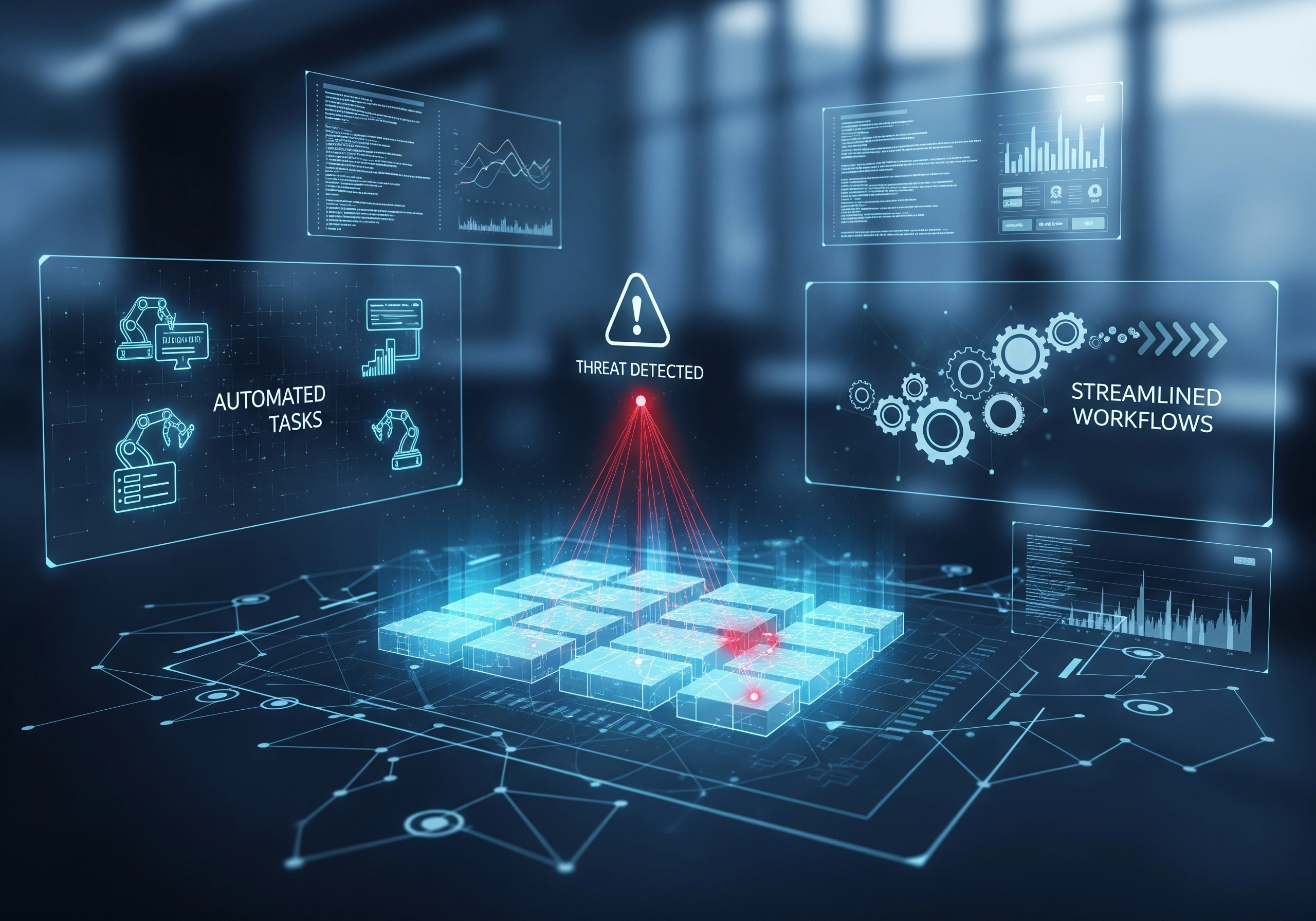 Abstract illustration of a threat detection system highlighting automated tasks and streamlined workflows, part of a comprehensive IT service management system to protect IT infrastructure.