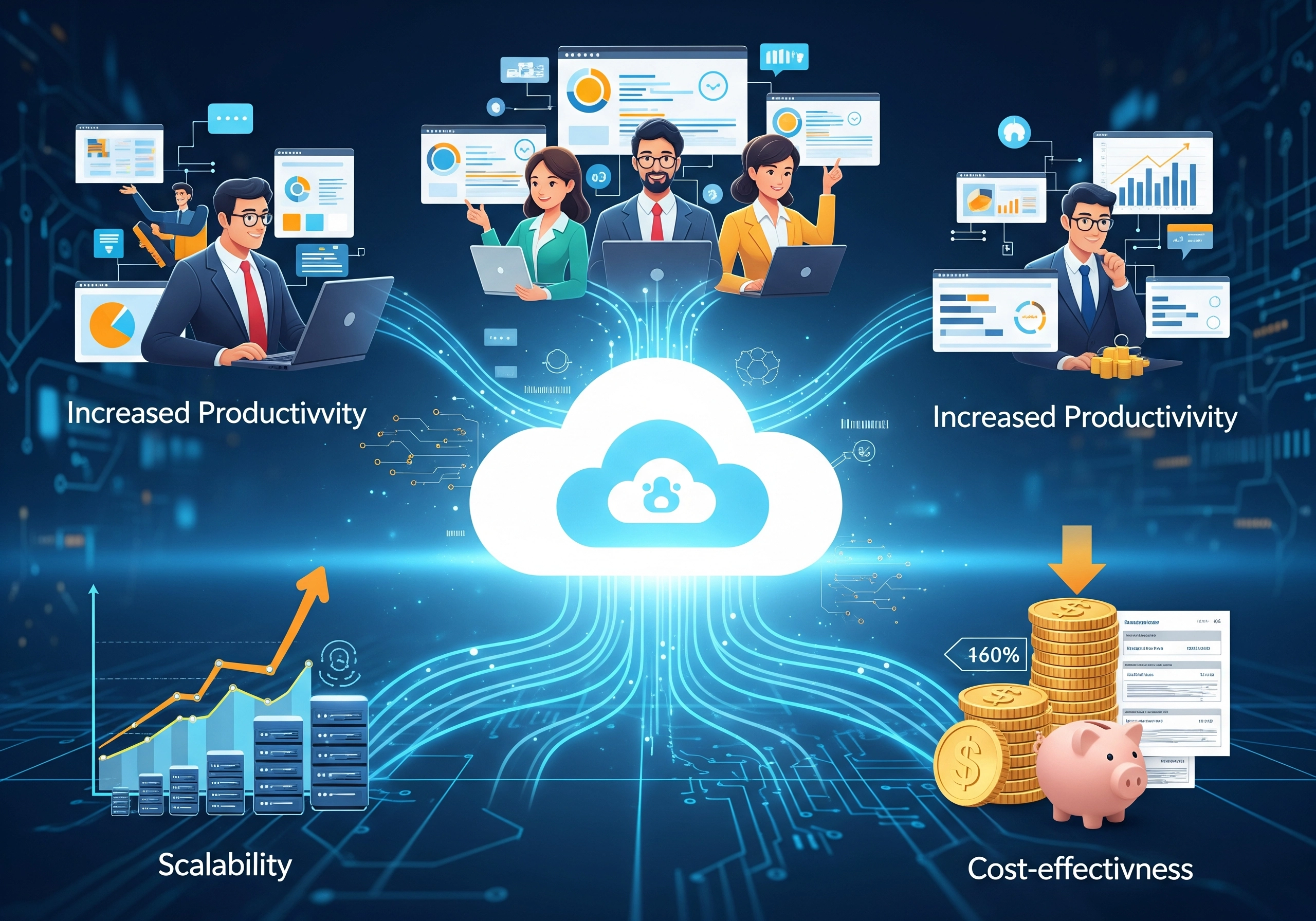 Infographic illustrating the benefits of IT services, including increased productivity, scalability, and cost-effectiveness, enabled by cloud solutions and managed IT services.