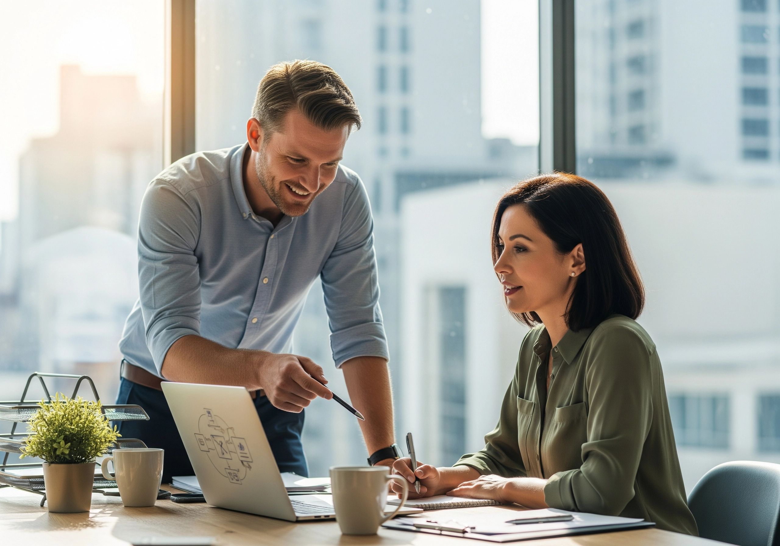 A man and a woman are in a discussion about IT consulting, with a laptop displaying a network diagram, representing small business IT services and IT support for small business.