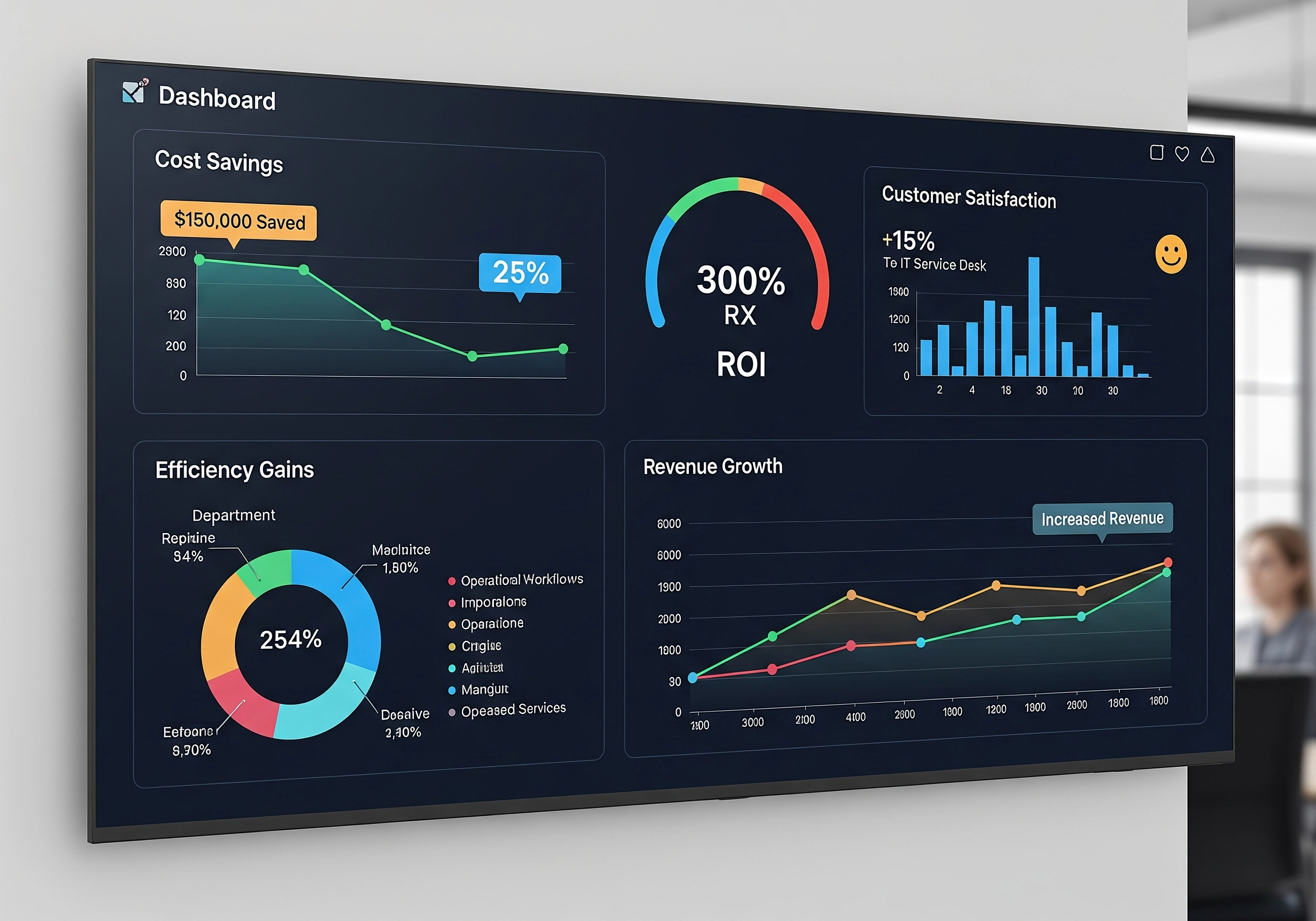 Dashboard displaying key performance indicators (KPIs) related to IT services, including cost savings, customer satisfaction, efficiency gains, and revenue growth, typical of managed IT services and IT service management.