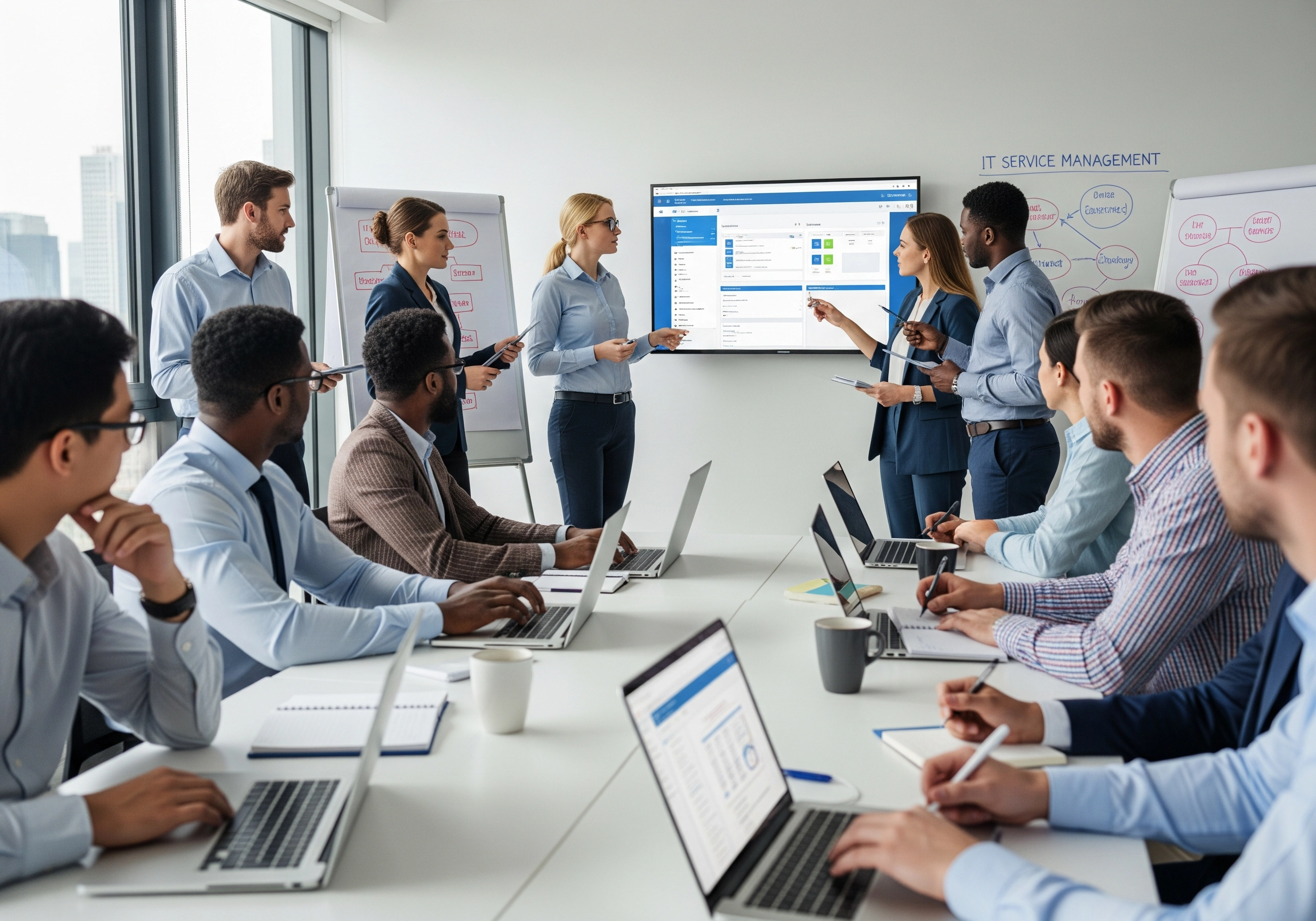 Group of professionals in a meeting, discussing IT service management strategies, with laptops and a presentation screen, indicating collaboration in IT support and IT solutions.