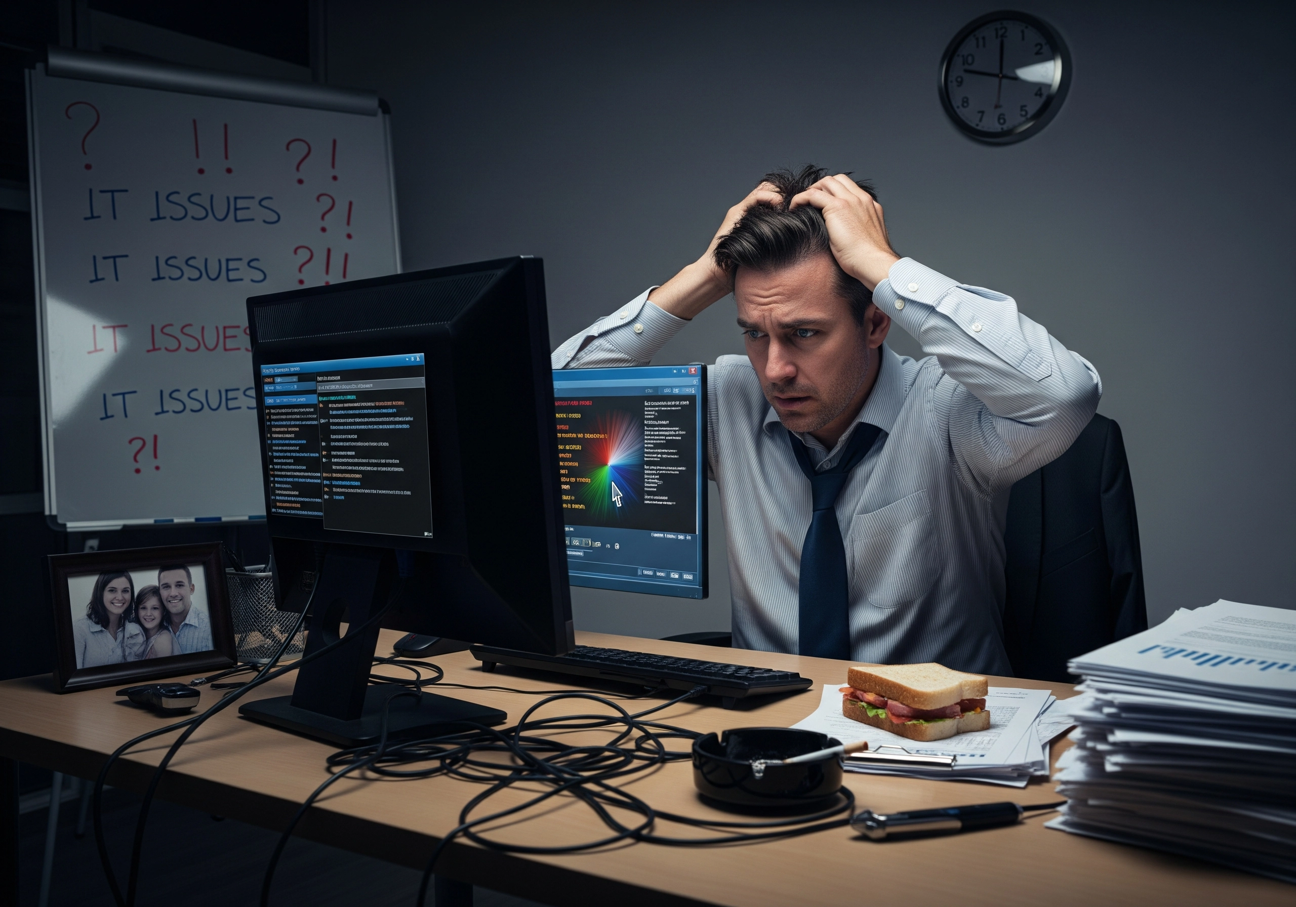 A man looking stressed at his desk with multiple monitors displaying code, a whiteboard with 'IT ISSUES' written on it, highlighting the challenges that IT support companies address.