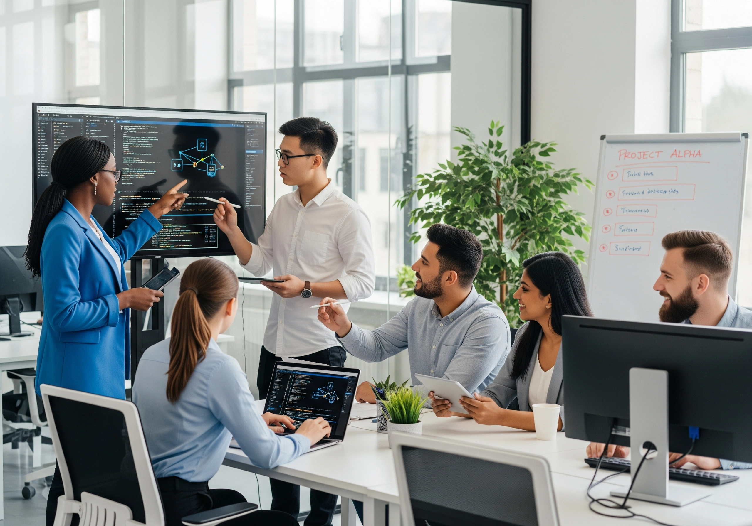A team collaborating on an IT project, reviewing code and discussing strategy, reflecting the collaborative nature of IT consultancy services and IT helpdesk support.
