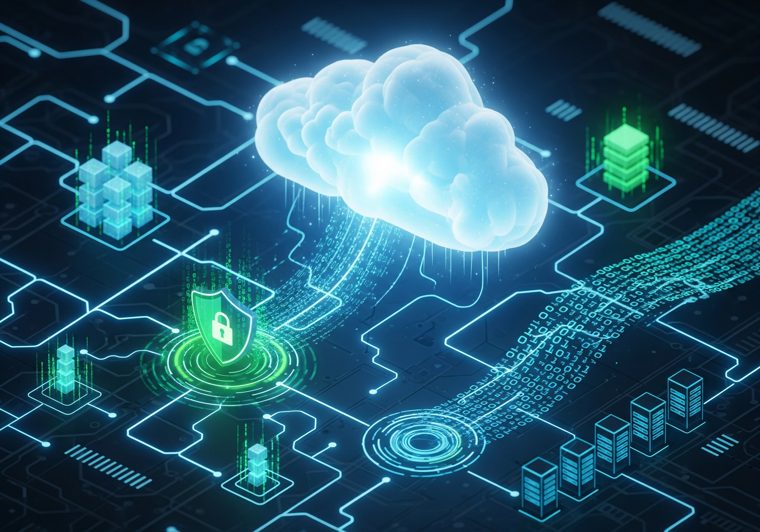 Conceptual image of cloud computing security, illustrating managed IT services with a focus on data protection through advanced IT infrastructure and IT outsourcing solutions.