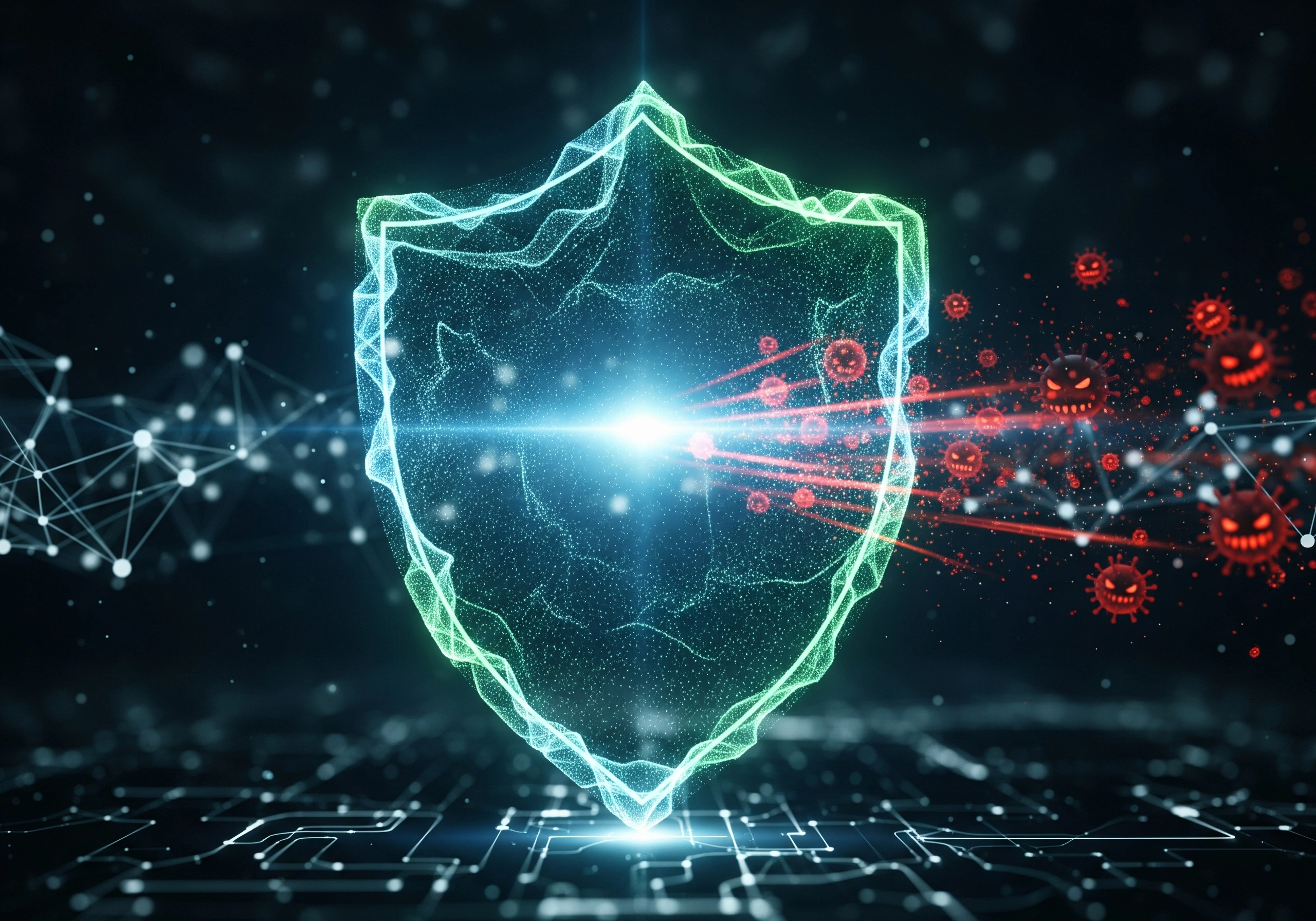 Abstract illustration of a digital shield protecting against cyber threats, symbolizing robust IT solutions and cybersecurity measures provided through IT consulting and managed IT services.