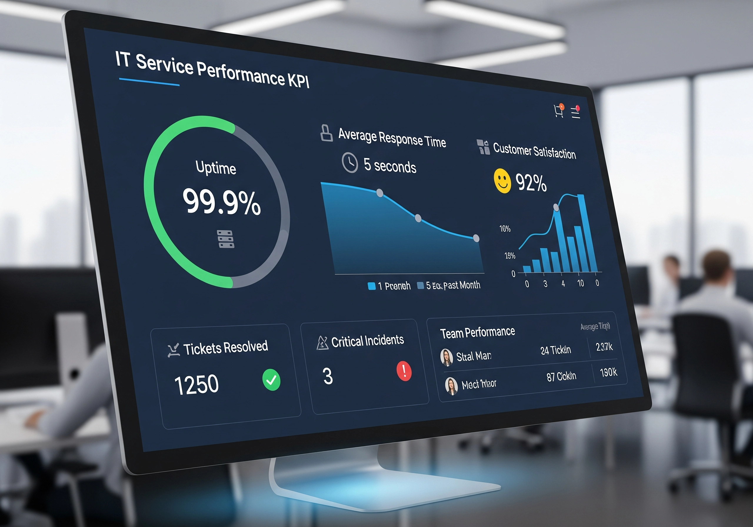 Screenshot of an IT Service Performance KPI dashboard, showcasing uptime, average response time, and customer satisfaction metrics, reflective of efficient IT support and IT service management.