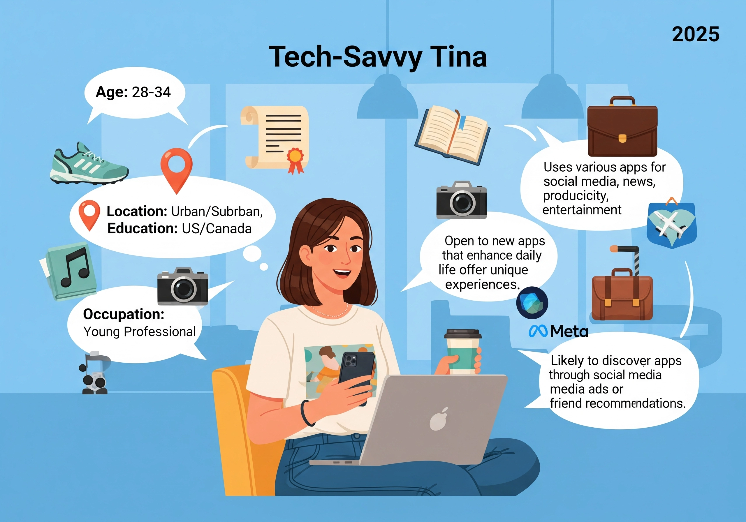 A character profile of 'Tech-Savvy Tina' in 2025, representing the target audience for mobile app advertising, likely to discover new apps through social media ads like Meta ads, emphasizing the role of paid app promotion in app marketing.