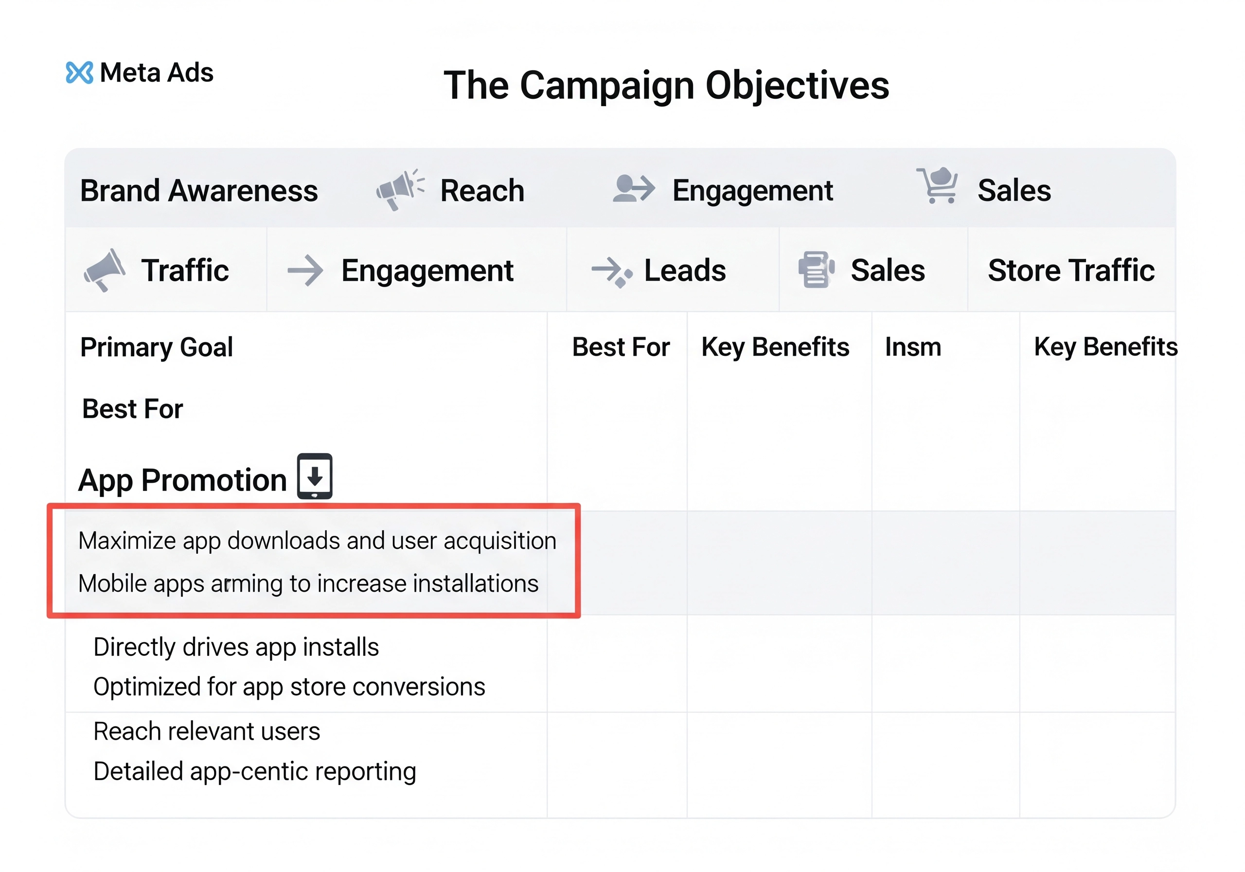 A table outlining campaign objectives for Meta Ads, emphasizing 'App Promotion' with the primary goal to 'Maximize app downloads and user acquisition', reflecting the importance of Facebook and Instagram ads for apps in a comprehensive app marketing strategy.