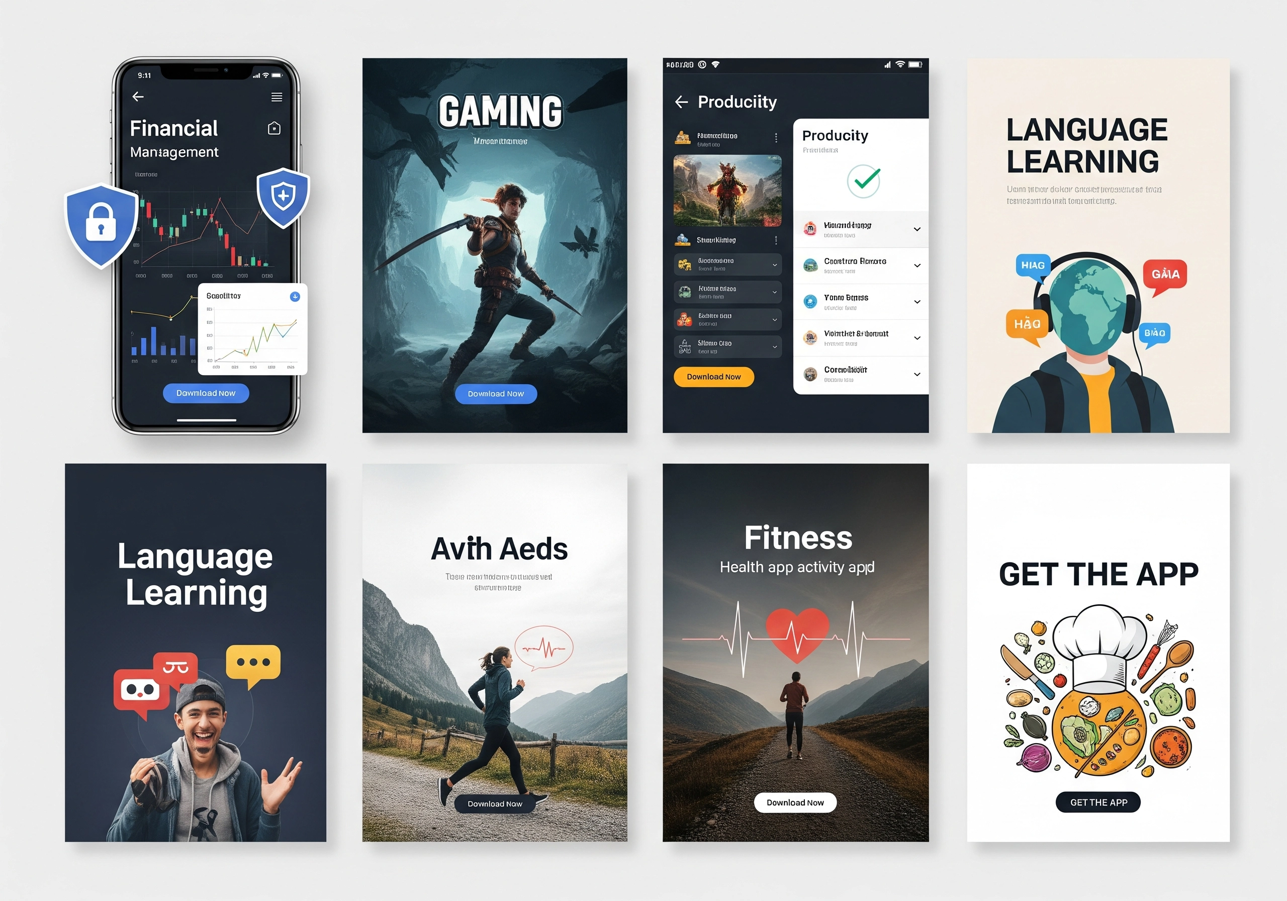 A collage of mobile app screenshots showcasing various categories like financial management, gaming, productivity, and language learning, illustrating the diverse opportunities for user acquisition and app growth through strategic app marketing.