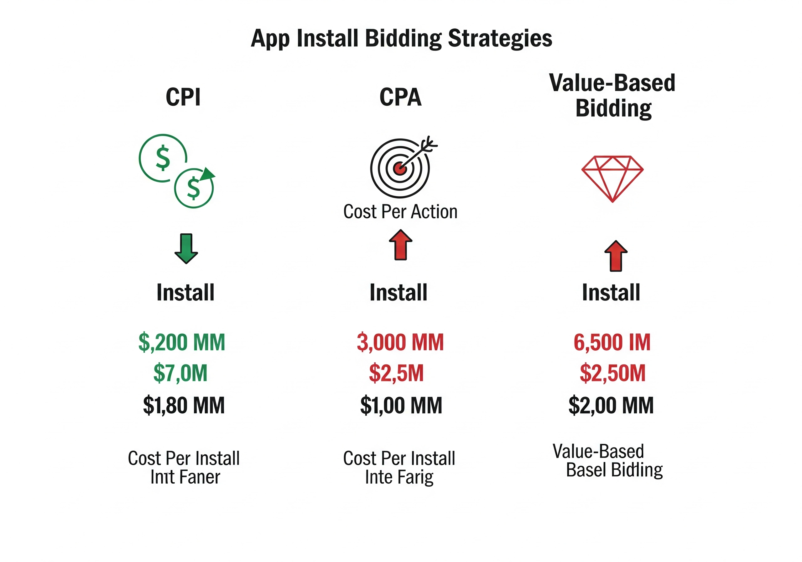 An illustration of different app install bidding strategies, including CPI (Cost Per Install), CPA (Cost Per Action), and Value-Based Bidding, outlining the financial aspects of paid app promotion and mobile app advertising.