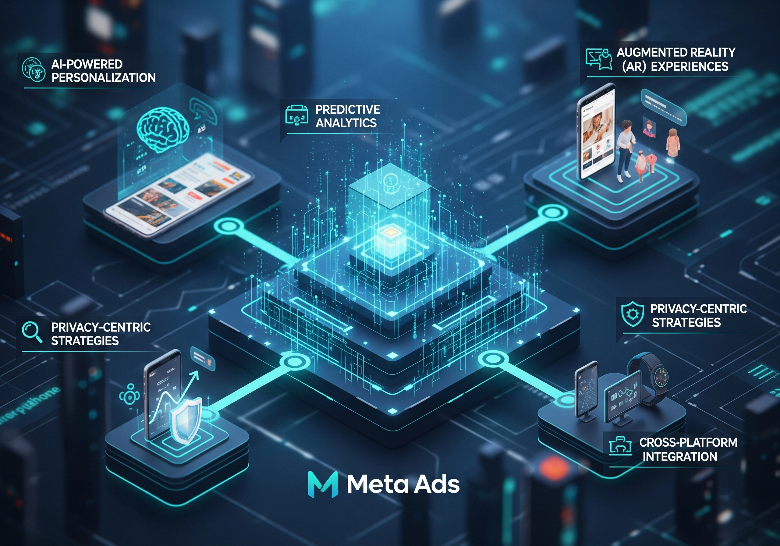 An isometric view of a digital platform showcasing various features like AI-powered personalization, predictive analytics, augmented reality experiences, privacy-centric strategies, and cross-platform integration for Meta Ads, emphasizing the advanced capabilities of mobile app advertising for app growth.
