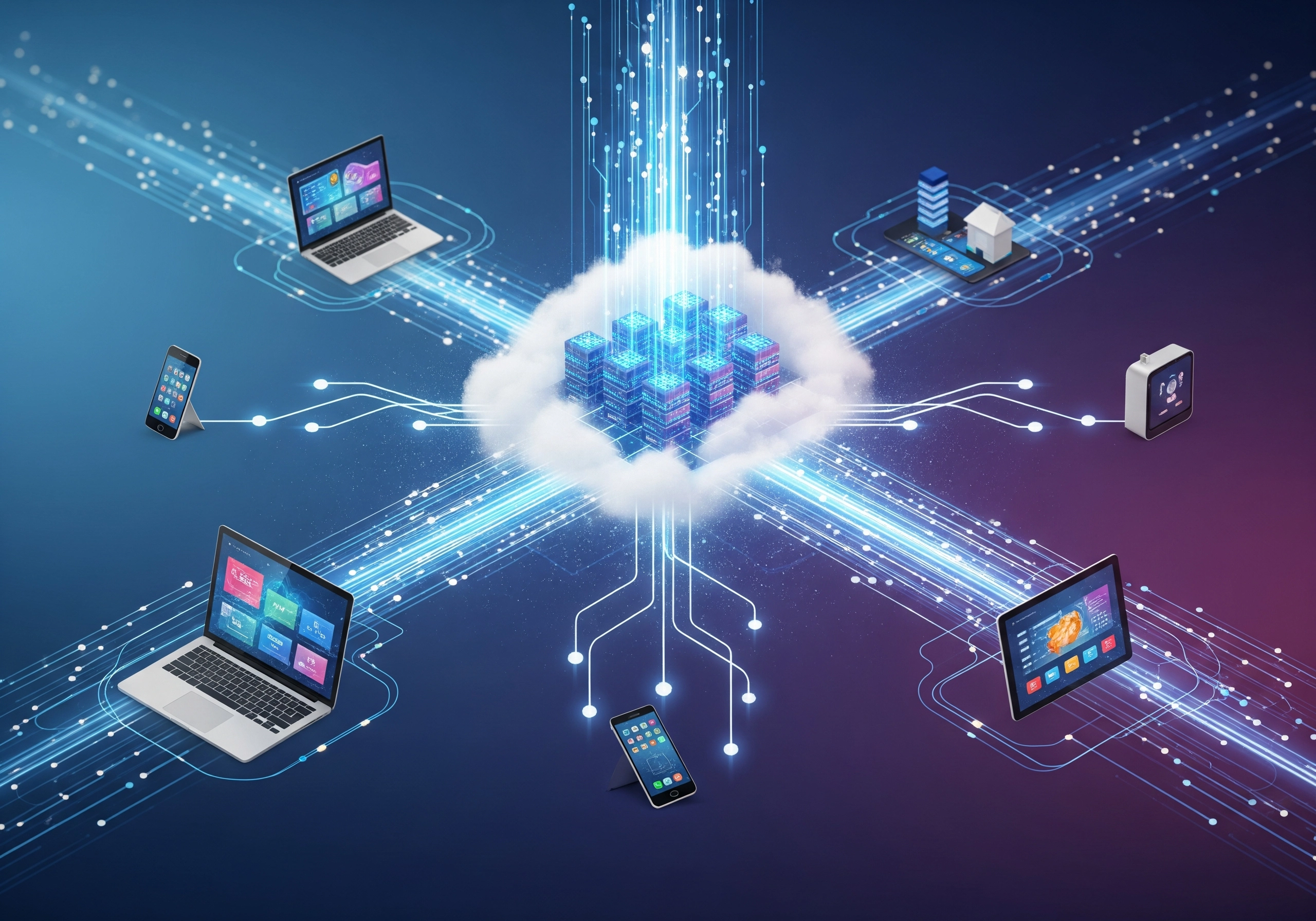Conceptual image of a cloud computing network connecting various devices, illustrating IT solutions and managed IT services that provide seamless connectivity and support across different platforms, highlighting the benefits of outsourcing IT services.